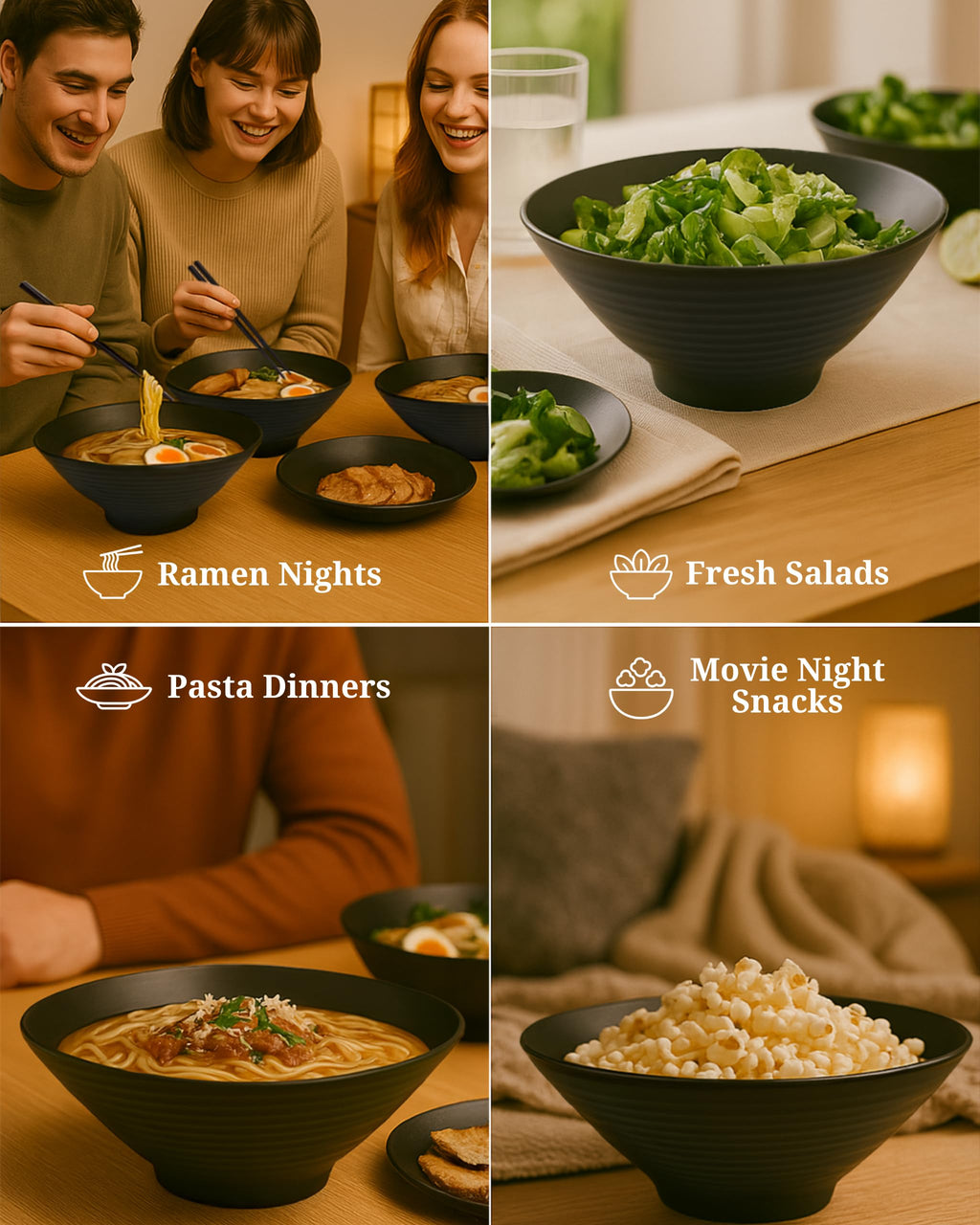 2 Sets 1700 milliliters Large Japanese Ramen Noodle Soup Bowl Dishware Ramen Bowls Set with Matching Spoon and Chopsticks for Udon Soba Pho Asian Noodles (2, Black, 23 Centimeters)