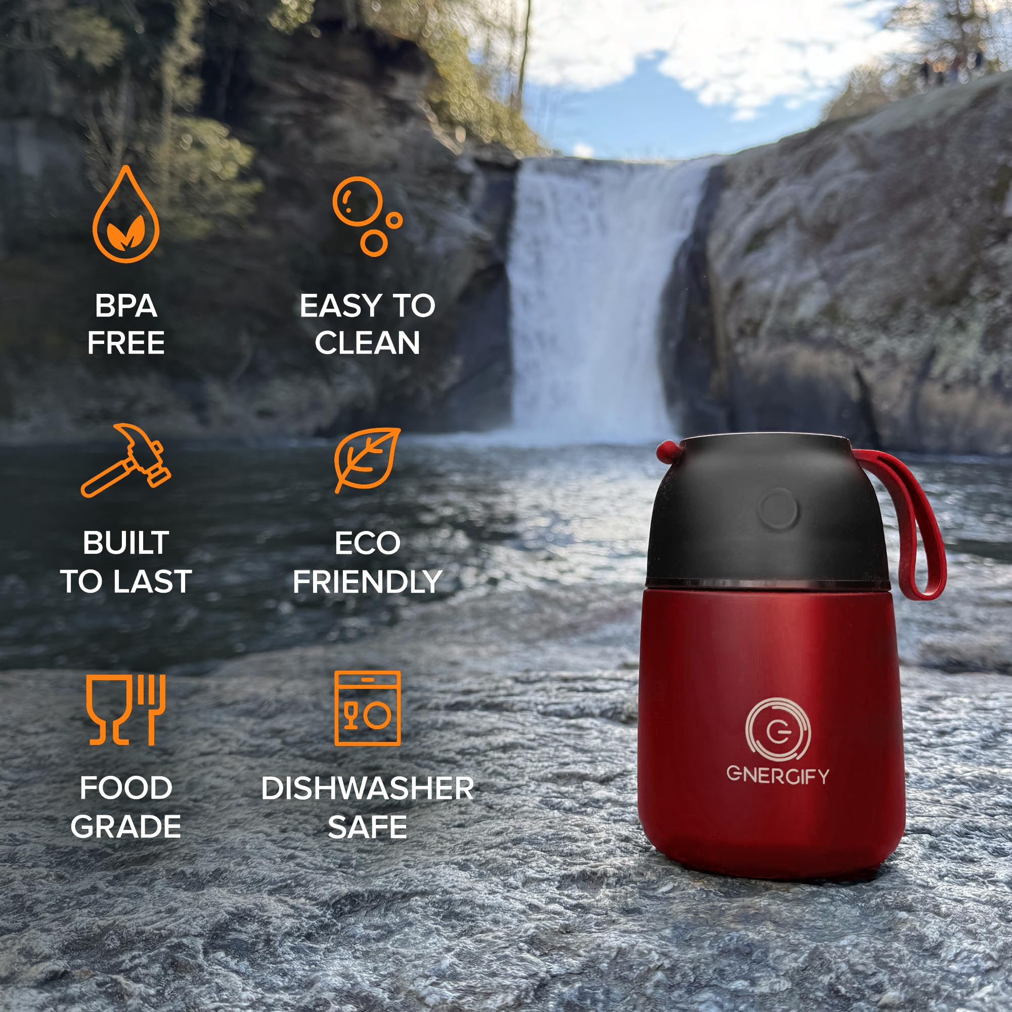 Vacuum Insulated Food Jar. Bowl incl. Folding Spoon, Cup. Wide Mouth Keep Hot & Cold Drinks Soup Lunch Container for Adults. BPA-Free Stainless Steel, Leak Proof Radiant red, 17oz