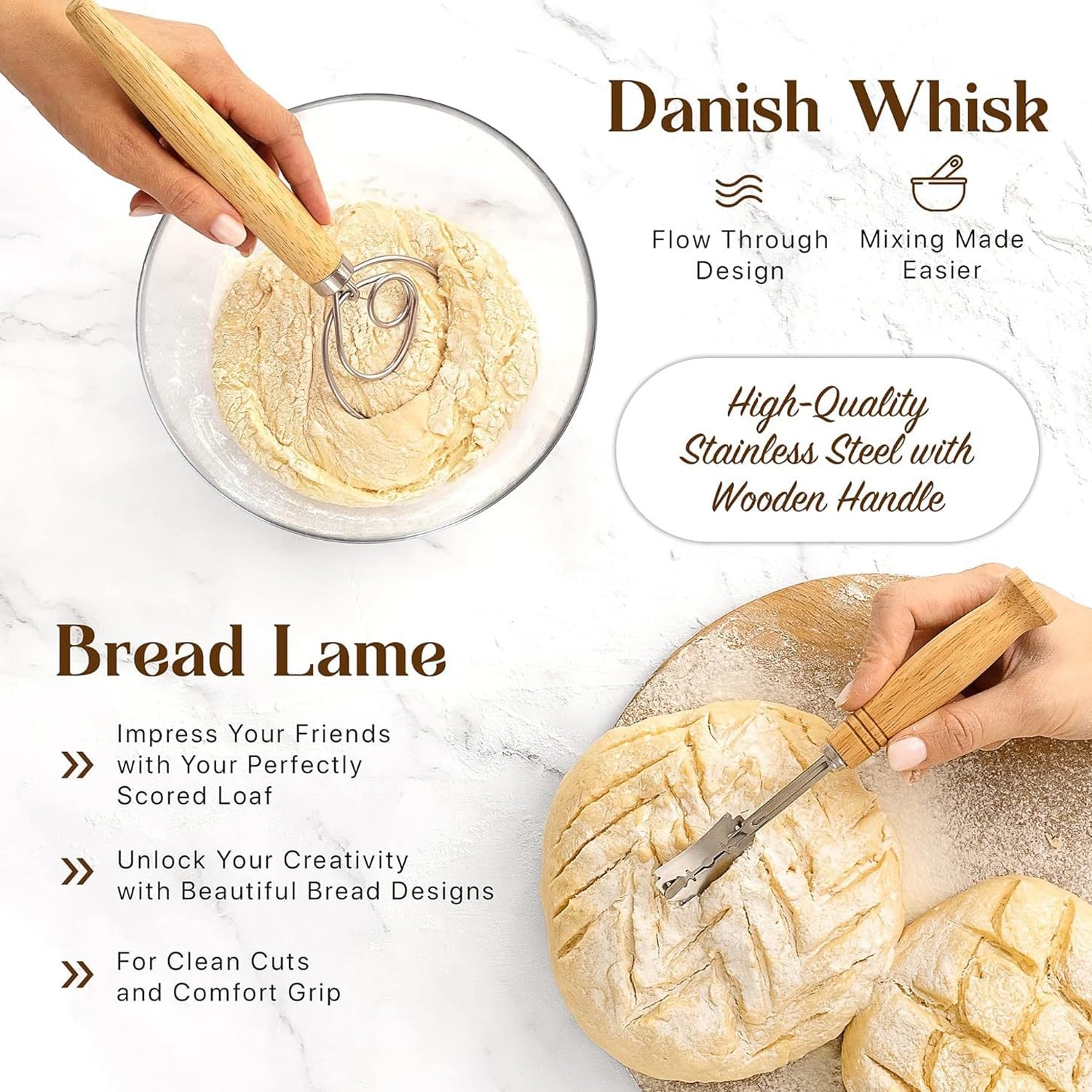 Bread Proofing Basket Set, 9" Round and 10" Oval Banneton Proofing Basket with Linen Liner Cloth, Danish Dough Whisk, Bread Scoring Lame,Stainless Steel Dough Scraper (9 inch Round & 10 inch Oval Set)