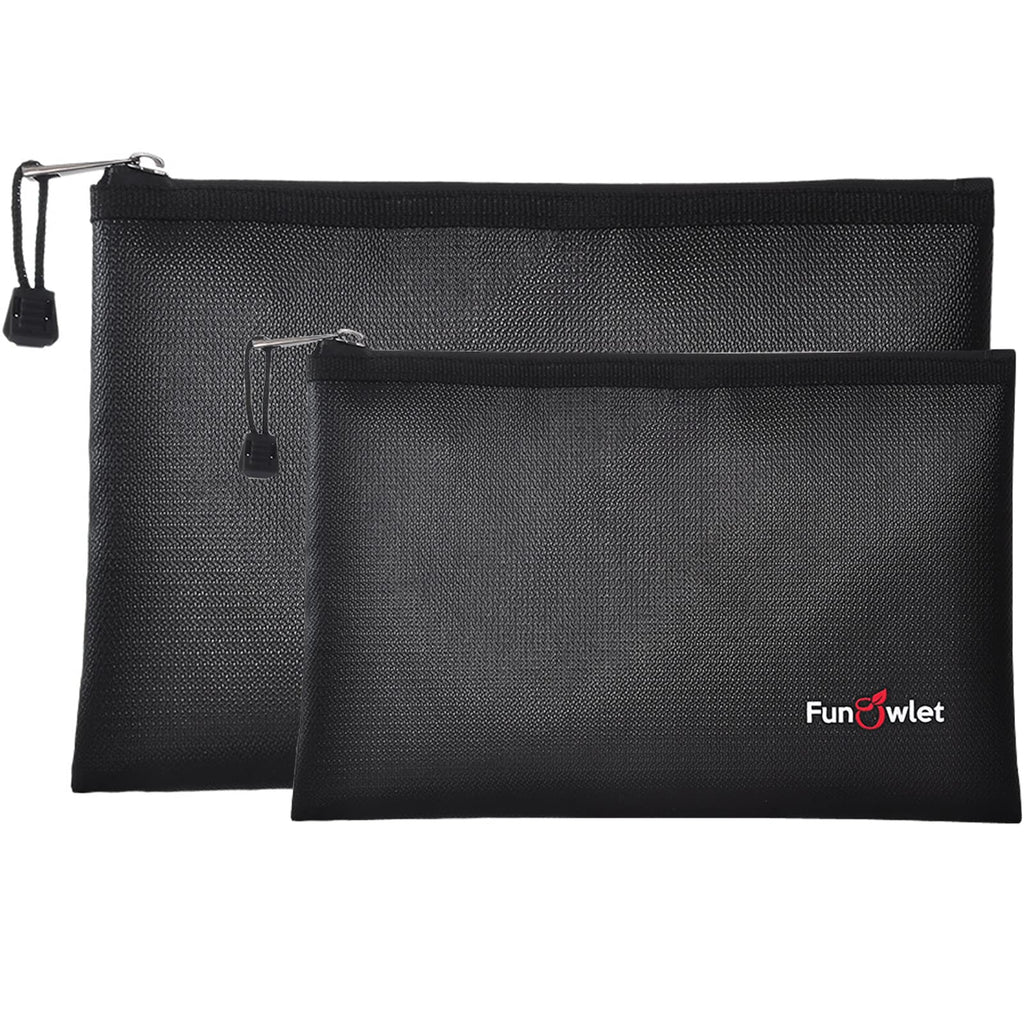 Fireproof Safe Money Document Bags - 2 Pack 13.4" x 9.8" and 10.6" x 6.7" Waterproof Zipper Bag, Fire & Water Resistant Storage Organizer Pouch for A4 A5 Documents Holder,File,Cash,Passport (Black)
