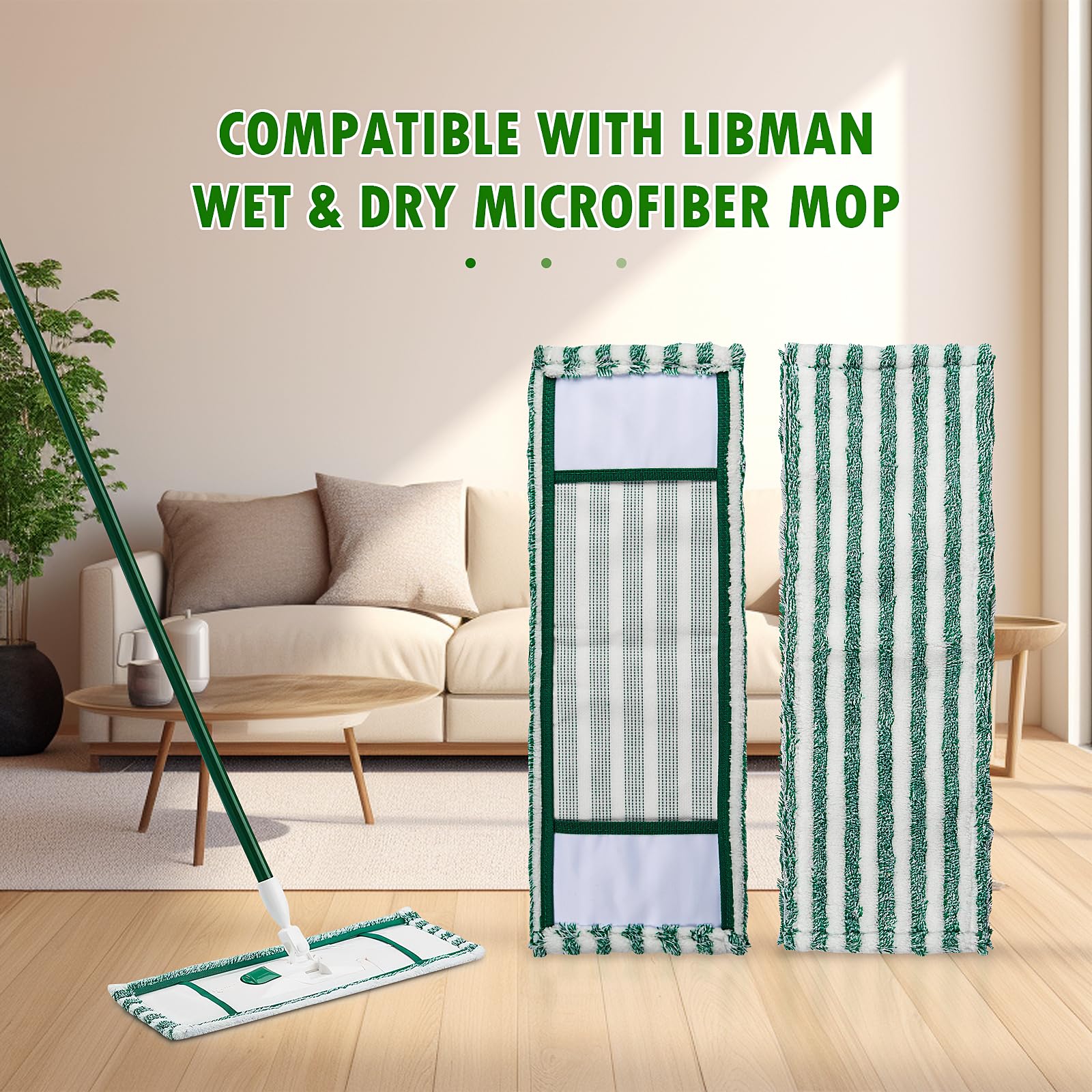 NIXOOT 6 Pack Microfiber Mop Pads for Libman, Reusable Wet & Dry Mop Heads, Machine Washable, Green, Multi-Surface Floors (Vinyl, Wood, Laminate, Marble, Stone, Tile)