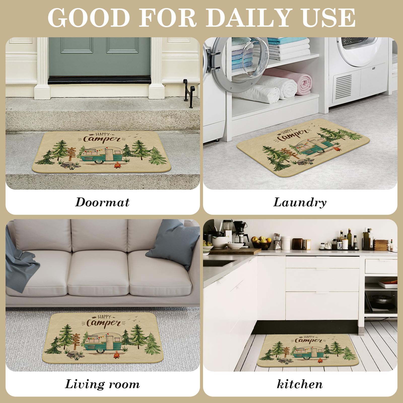 comfoyar Camper RV Door Mat, Happy Camper Floor Mats, Welcome Mat with Rubber Backing for Shoe Scraper, Non Slip, Easy to Clean Floor Mat Rug for Outside Camper Decor (17"x 30")
