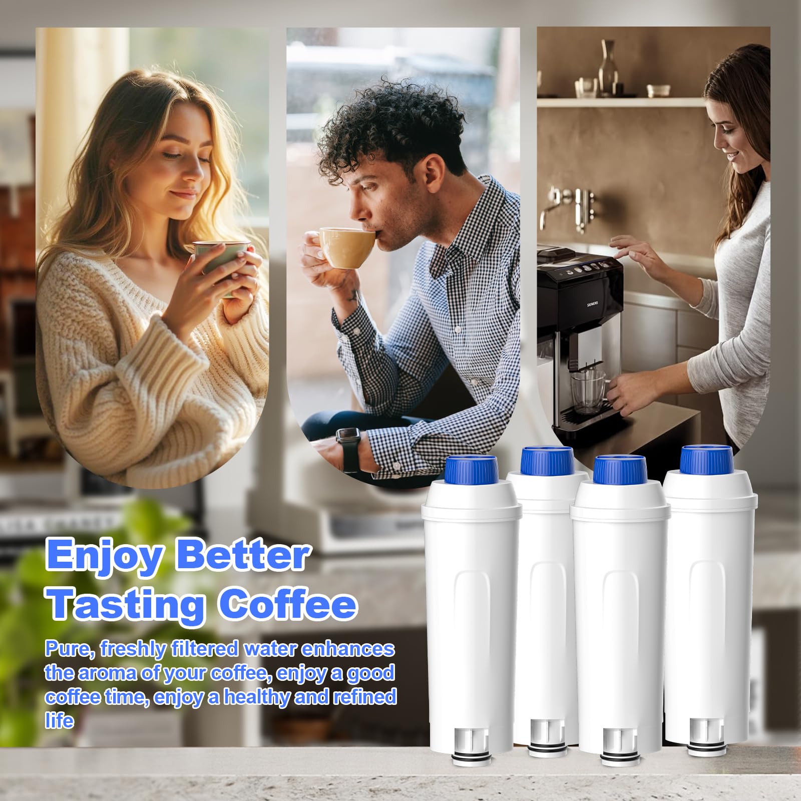 BREAUILL Replacement Water Filter Compatible with DeLonghi DLSC002, 4 Pack Water Filter Compatible with DeLonghi ECAM, ECAM, ETAM, EC, BCO, BC Series Coffee Maker, Soften Water