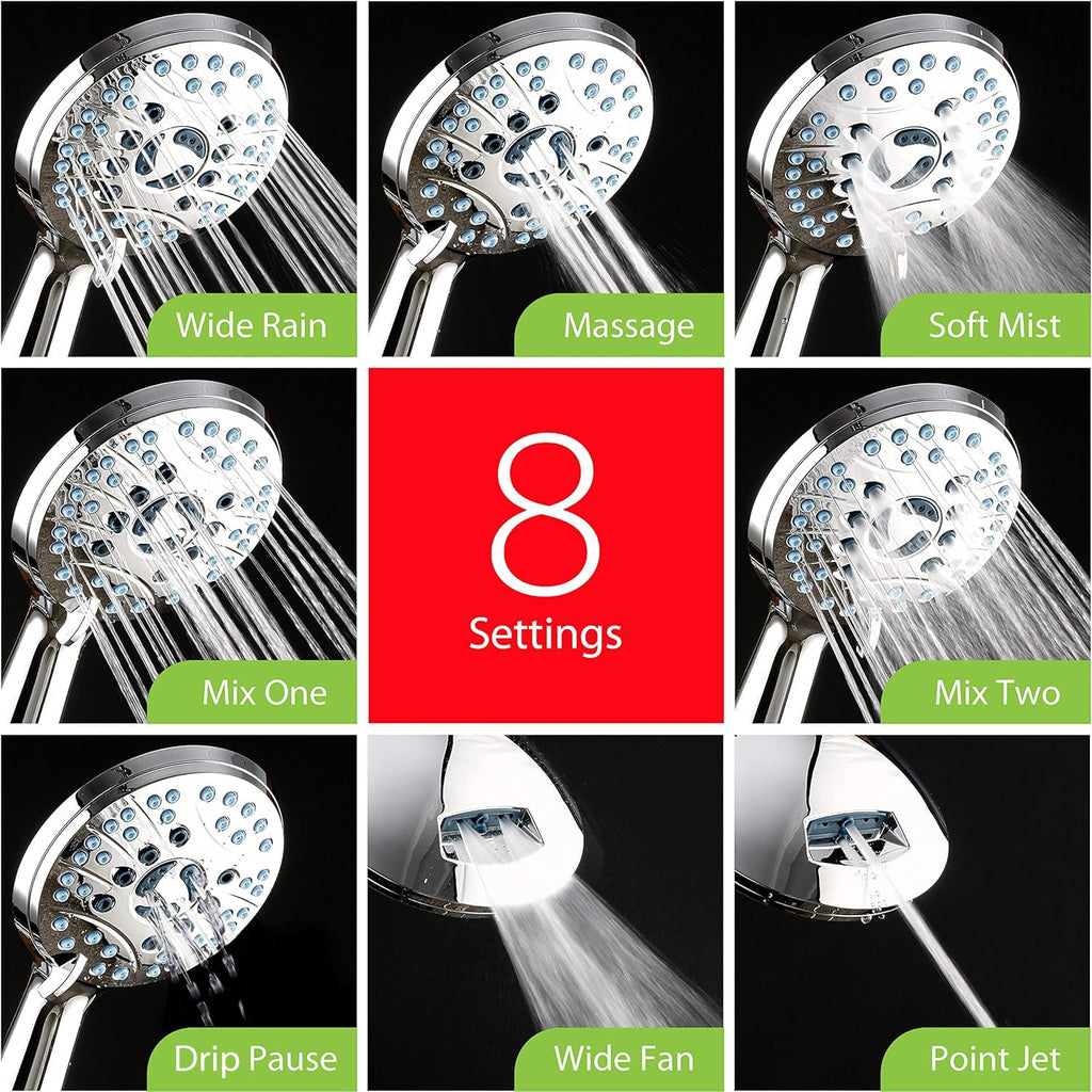 AquaCare High Pressure 8-Mode Handheld Shower Head - Anti-Clog Nozzles, Built-in Power Wash to Clean Tub, Tile & Pets, Extra Long 6 ft. Stainless Steel Hose, Wall & Overhead Brackets