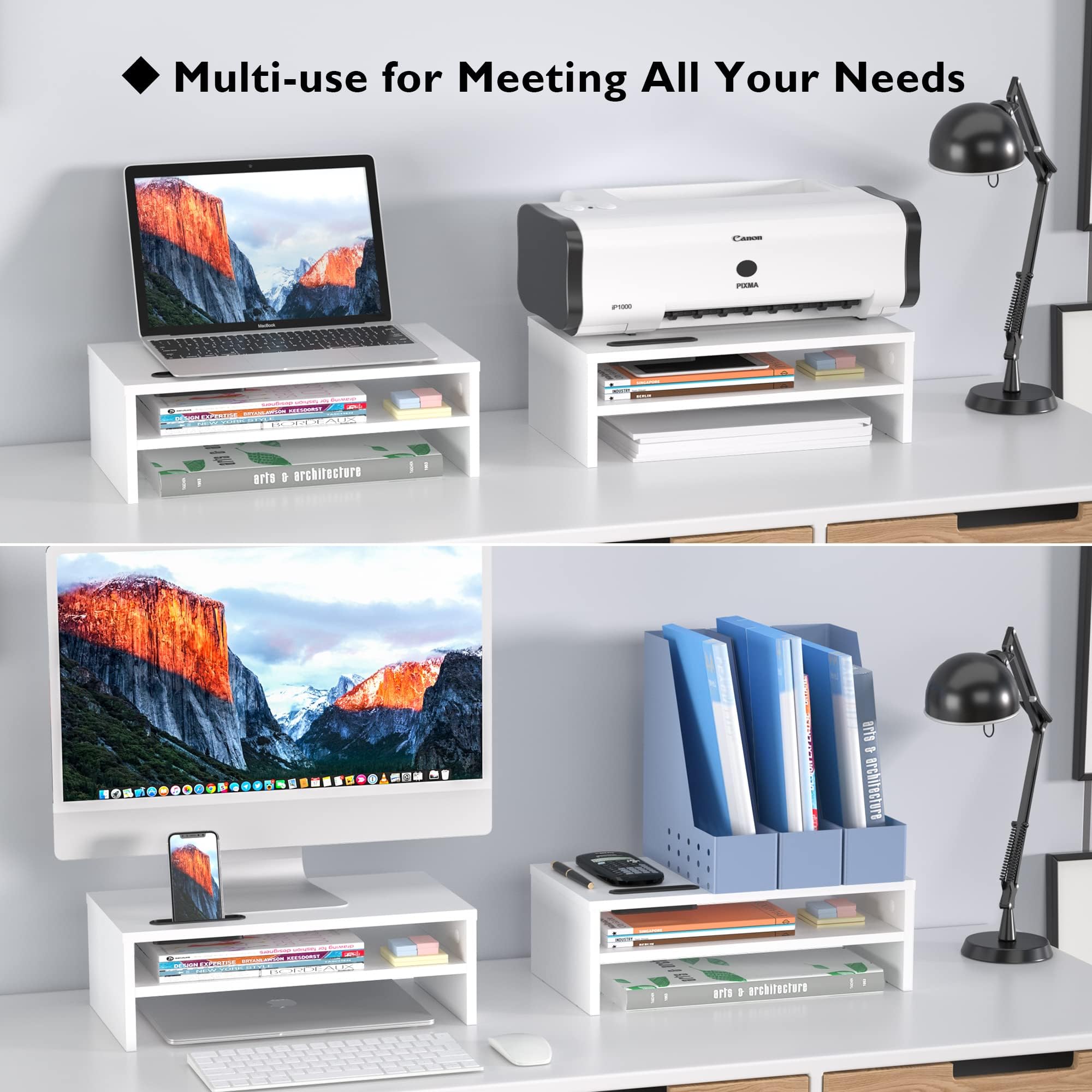 BONTEC Wood Monitor Stand Riser, Desk Monitor Stand with Smartphone Holder, Ergonomic Laptop Stand with Cable Management for Computer, Notebook, PC, 2 Tiers White,16.5 Inch