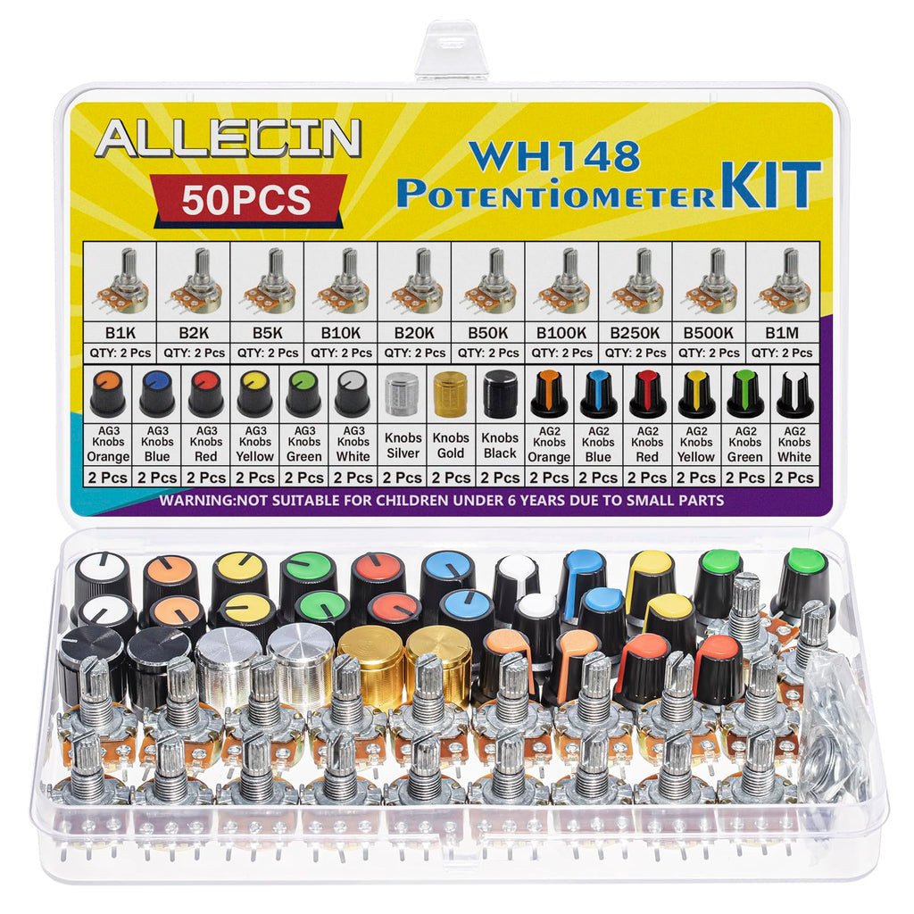 ALLECIN WH148 Potentiometer Kit 1K 2K 5K 10K 20K 50K 100K 250K 500K 1MK Ohm 15mm Shaft Single-Joint Linear Potentiometers 3Pins Set Variable Resistors with Plum Knob Cap and Aluminum Alloy Knobs