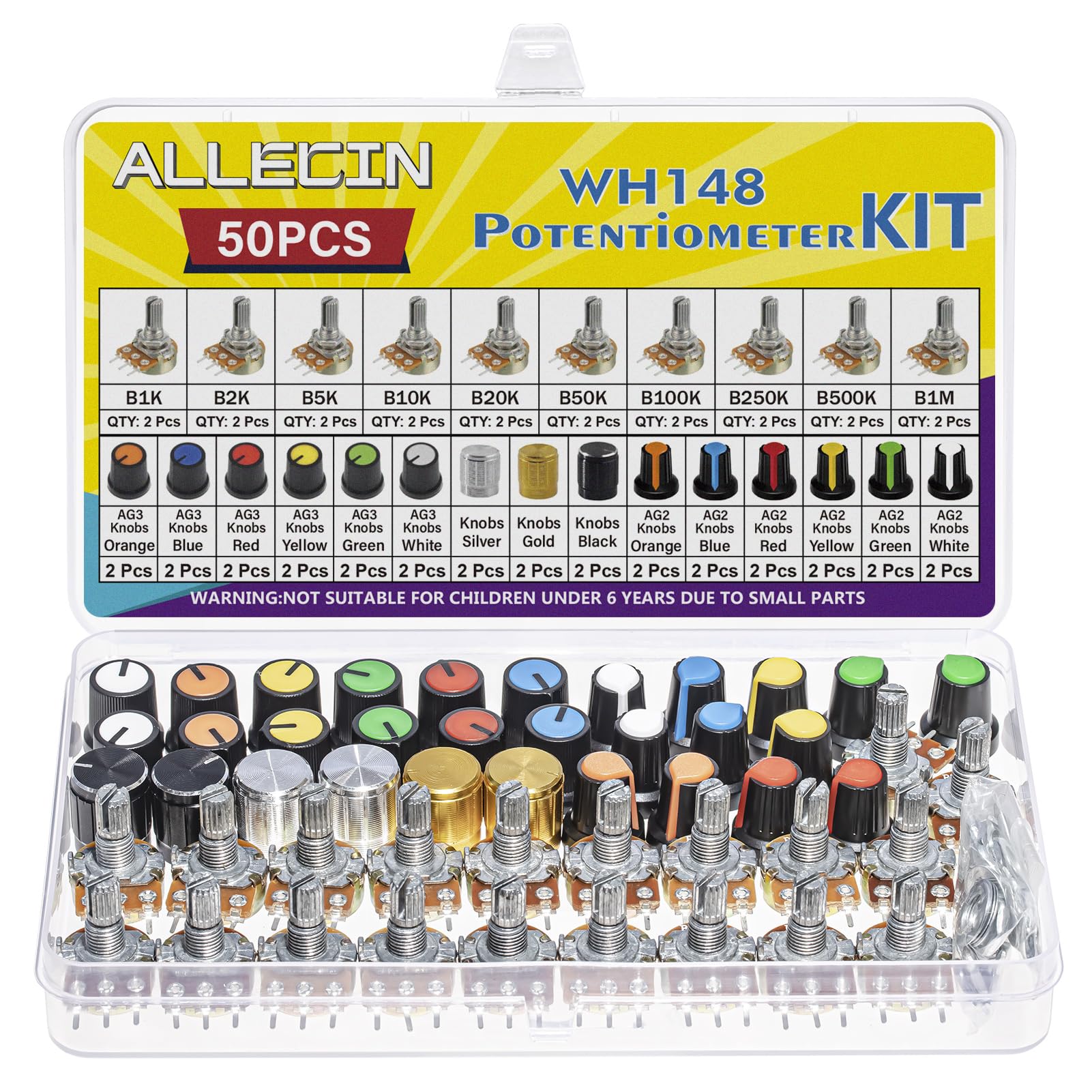 ALLECIN WH148 Potentiometer Kit 1K 2K 5K 10K 20K 50K 100K 250K 500K 1MK Ohm 15mm Shaft Single-Joint Linear Potentiometers 3Pins Set Variable Resistors with Plum Knob Cap and Aluminum Alloy Knobs
