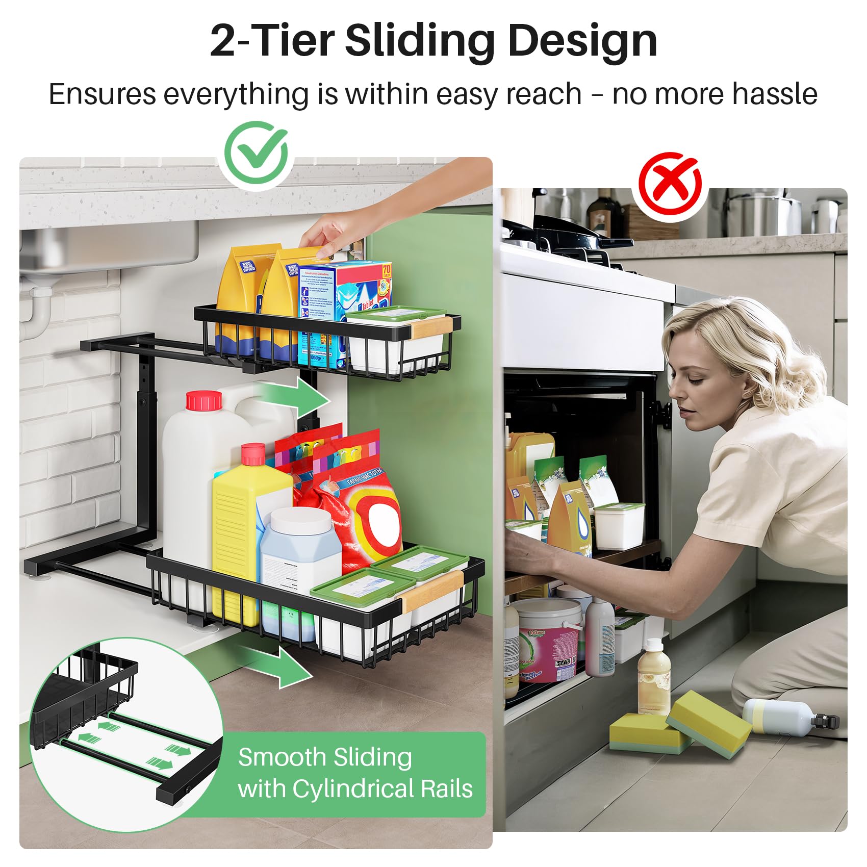 Kitstorack 2 Tier Under Sink Organizer, Slide Out Metal Kitchen Cabinet Organizers Drawer Shelf, Sliding Storage Shelves for Kitchen Bathroom Pantry Cabinet Closet Organization Rack