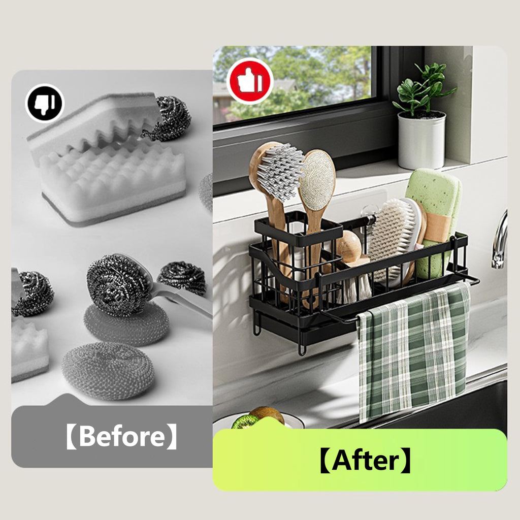Kitchen Sink Caddy Organizer-Sponge Holder for Kitchen Sink with Brush Holder,Kitchen Organizer Countertop Rustproof, Multi-functional Soap Dispenser,Bath Organizers and Storage Accessories