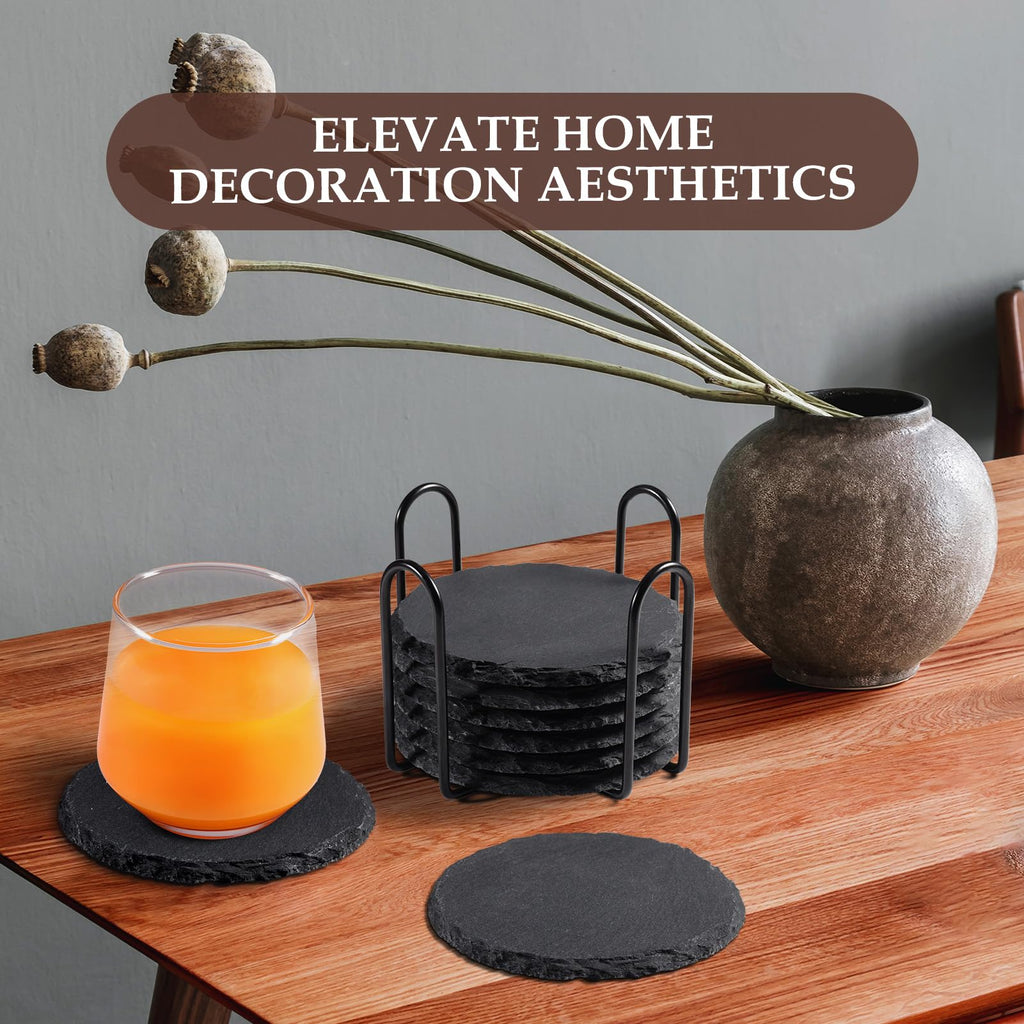 Slate Drink Coasters with Metal Holder, GOH DODD Set of 8 Black Coasters, 4 Inch Stone Coaster Set Coffee Table Decor Tabletop Protection for Home Kitchen Housewarming Gifts Wedding Party, Round