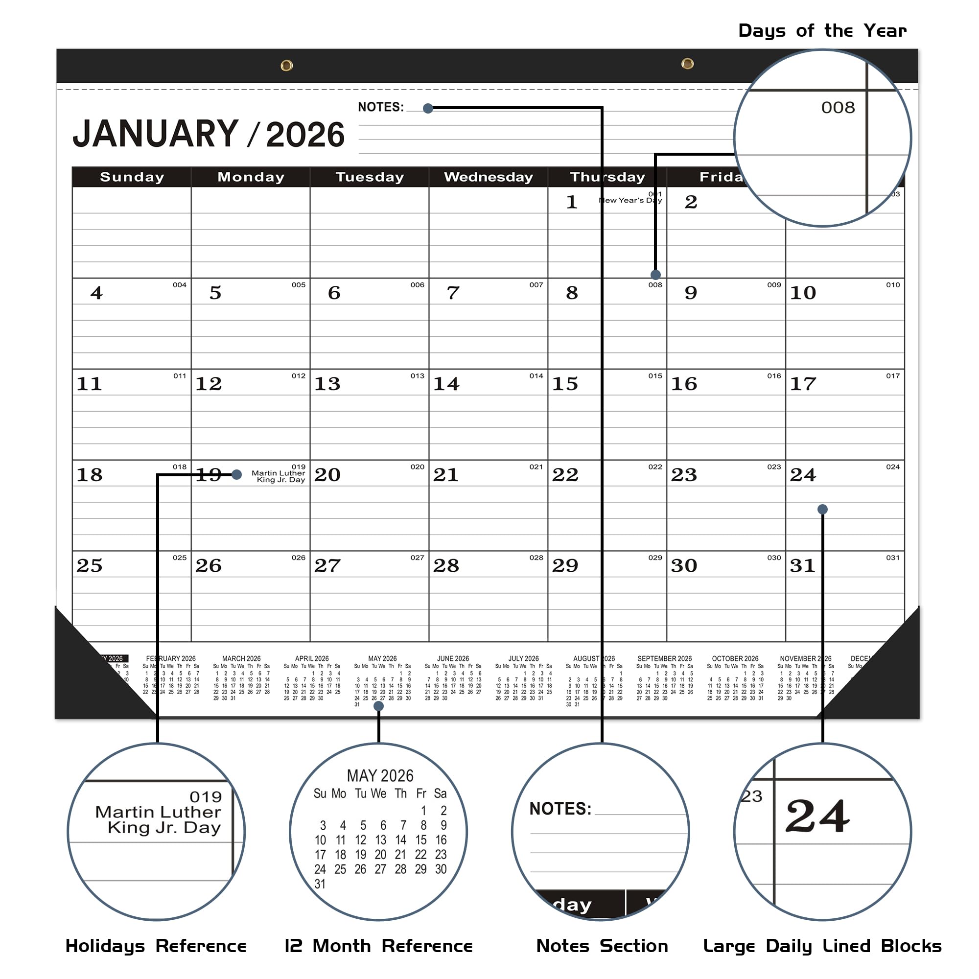 Desk Calendar 2026 (January 2026 to June 2027),Desk Calendar 2026 large 22 x17,Desk Calendar 2026-2027 large 22 x17,2026 Desk Calendar Canada Classic Black