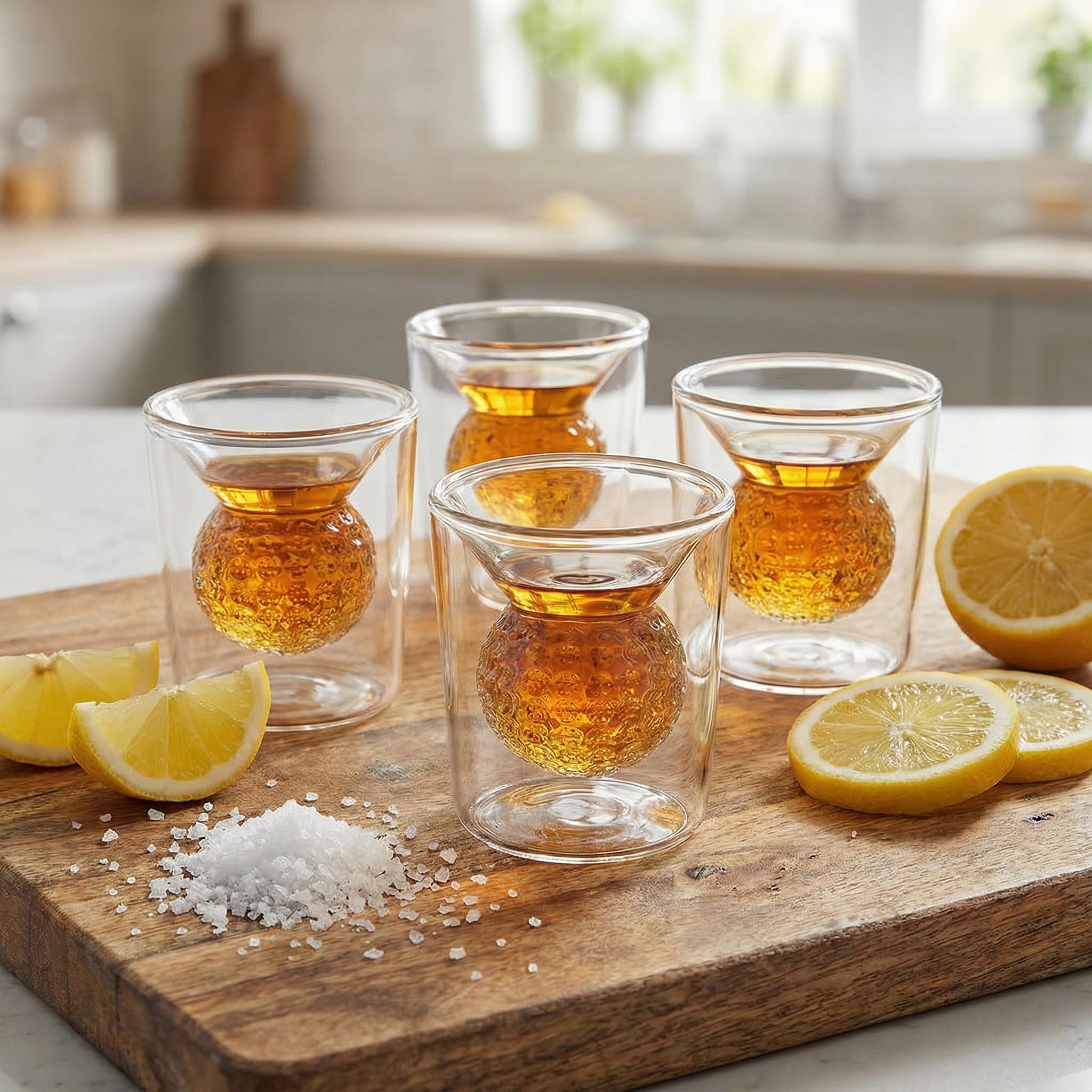 Golf Ball Shot Glass Set Funny Handmade Golf Gifts for Men - 2 oz Double Walled Glasses with 3D Shape Golf Ball Inside for Tequila, Scotch, Whiskey, Bourbon, and Cocktail (4)