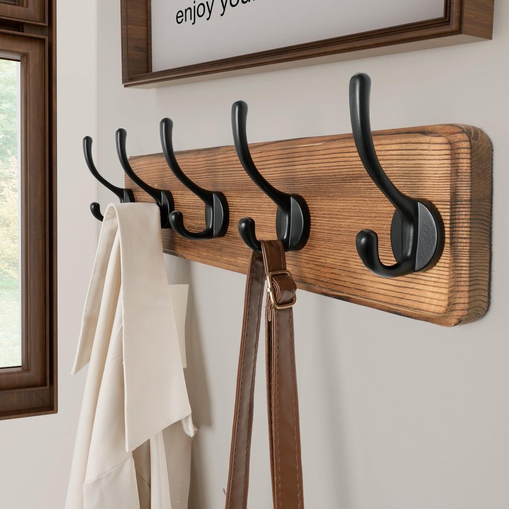 SKOLOO Rustic Wall Mounted Coat Rack, 16-inches Hole to Hole, Pine Real Wood Plank Wall Coat Rack with 5 Hooks, Farmhouse Coat Hanger Wall Mount for Hanging Backpack Jacket Coat Hat
