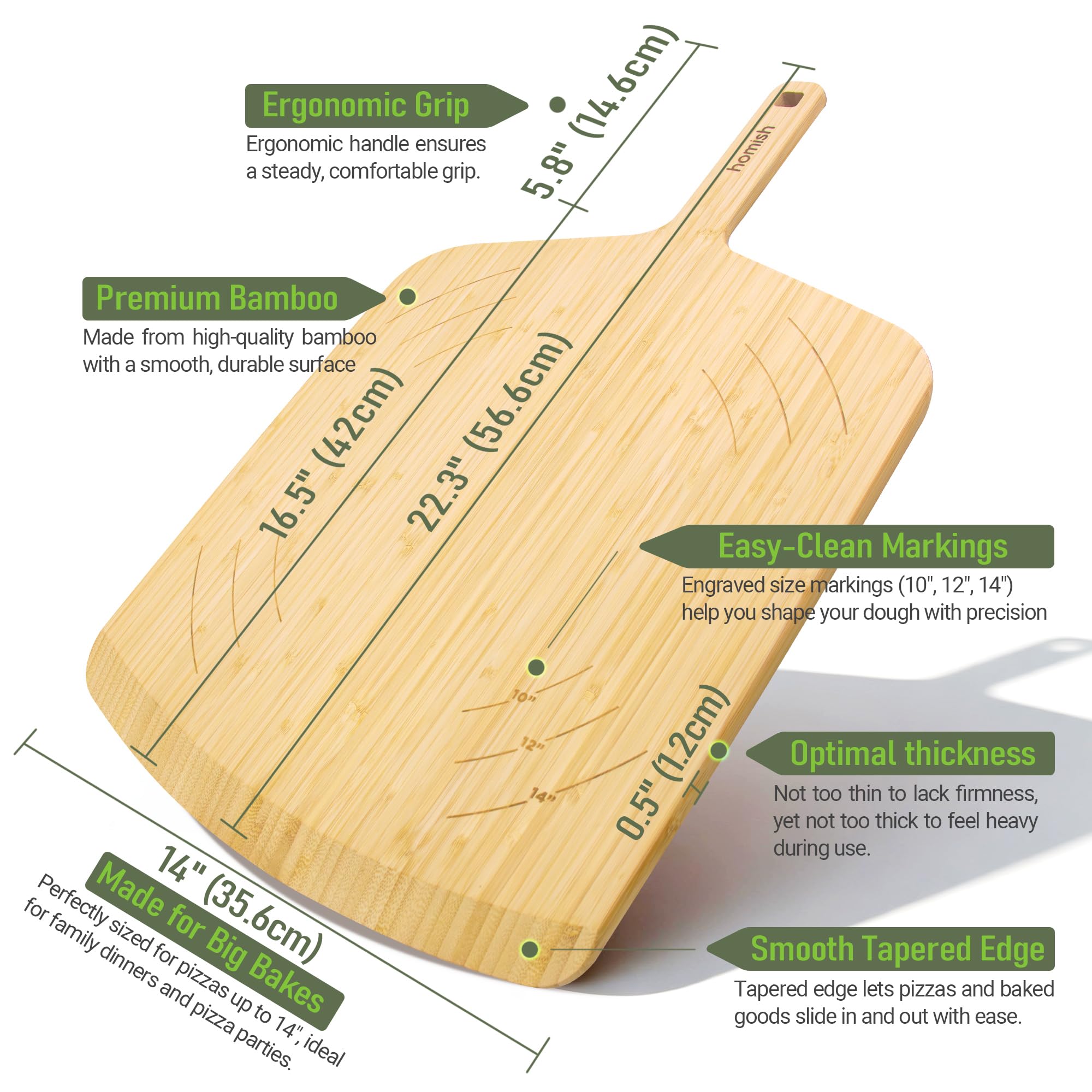 Homish Bamboo Pizza Peel with Size Markings – 10”,12”,14 inch Wood Pizza Paddle Turner with Easy-Grip Handle for Sliding in Oven | Non Stick Board for Homemade Baking,Serving, Cutting Bread & Pastries
