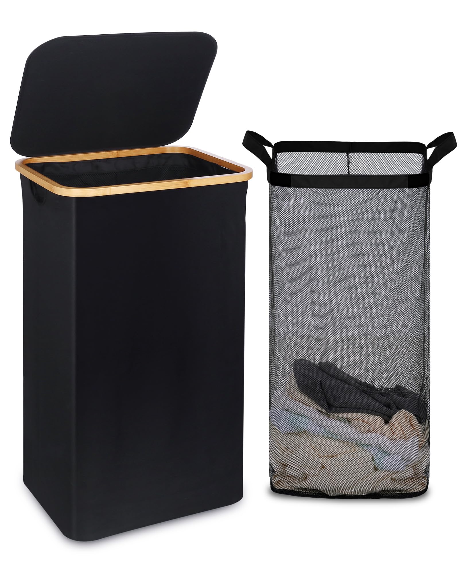 efluky Laundry Hamper with Lid, 100L Tall Laundry Basket with Bamboo Handles for Clothes, Collapsible Laundry Hamper with Inner Bag for Bedroom and Bathroom, Black