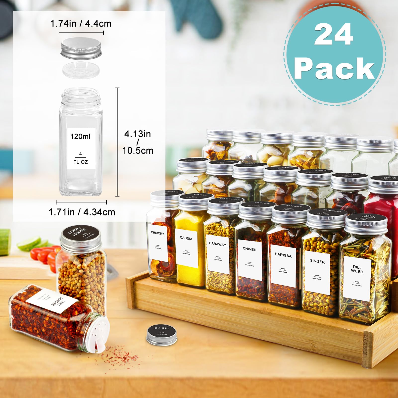 AISIPRIN 24 Pcs Glass Spice Jars with Labels, 4oz Small Empty Square Seasoning Containers Bottles - Shaker Lids, Funnel, Brush,469 Labels and Marker Included