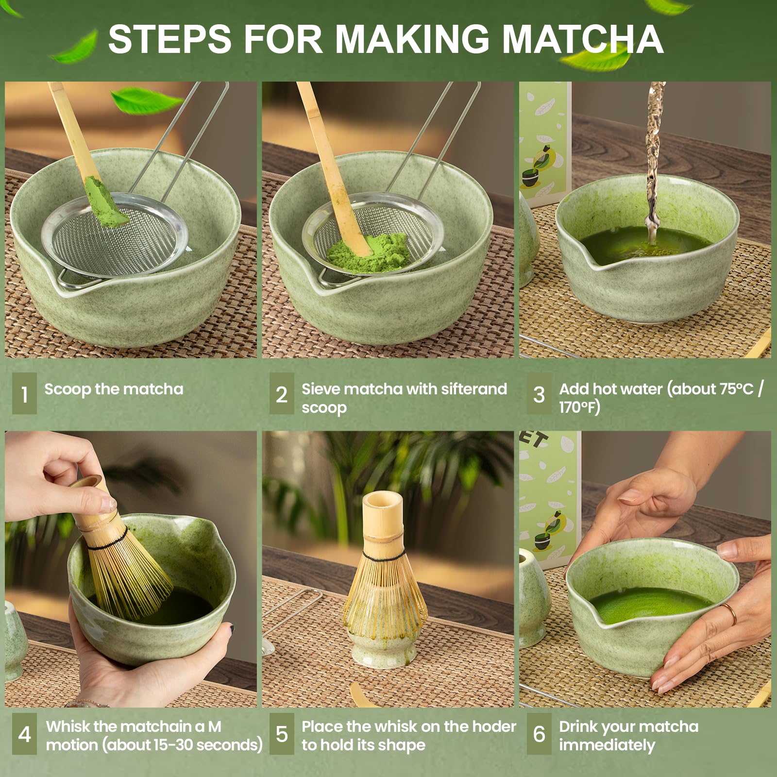 Matcha Whisk Set, 5 Pcs Ceramic Matcha Set Includes Bowl with Spout, Whisk, Holder, Bamboo Scoop and Sifter, Matcha Tea Kit for Matcha Lovers, Ideal Gift for Christmas, Birthday, Green