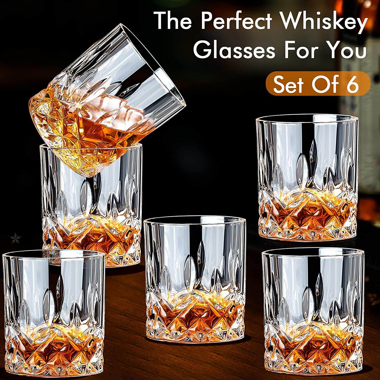 Whiskey Glasses Old Fashioned Glass Set of 6 Rocks Glasses 10oz Clear Whisky Glasses Lowball Glassware Drinking Tumblers Cups for Cognac Bourbon Cocktail Rum Brandy Bar Men