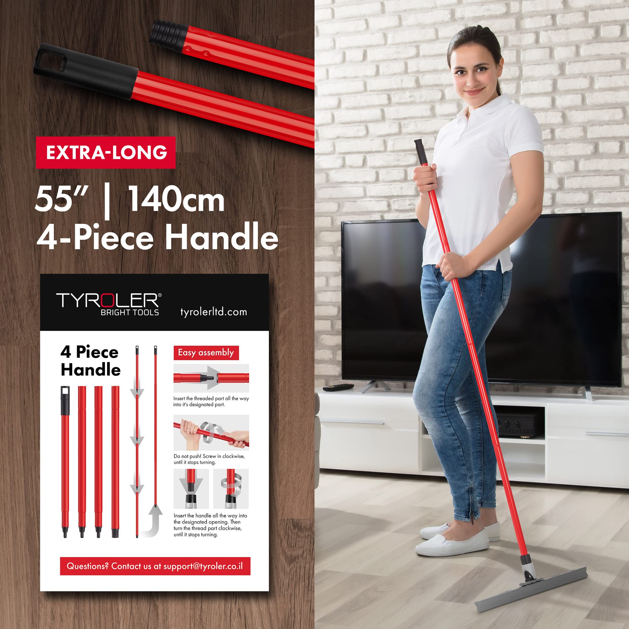 Tyroler Floor Squeegee Heavy Duty 45CM 100% Silicone Head Squeegee Broom, Anti-Rust 4 Part Handle, Squeegee Floor for Washing, Bathroom, Deck & Garage