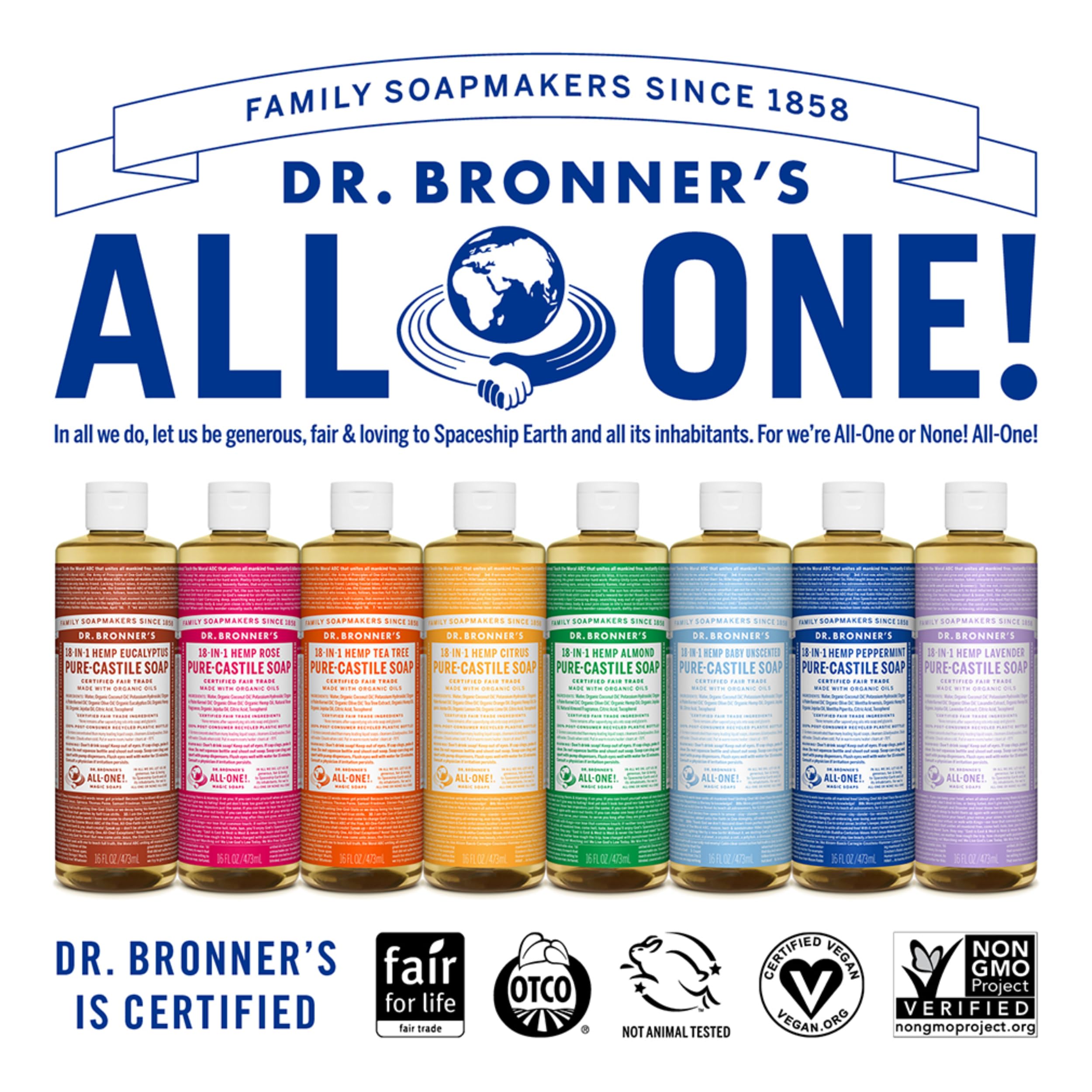 Dr. Bronner’s - Pure-Castile Liquid Soap (Almond, 473 mL) - Made with Organic Oils, 18-in-1 Uses: Face, Body, Hair, Laundry, Pets and Dishes, Concentrated, Vegan, Non-GMO