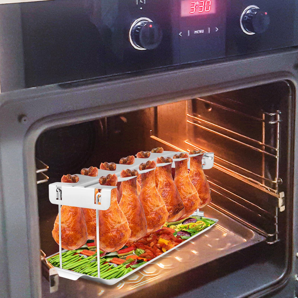 Chicken Leg Rack for Grill with Drip Tray - 12 Slots Drumstick Rack for Smoker, BBQ, and Lollipop Holder - Premium Stainless Steel Chicken Drumstick Holder for Roasting and Smoking