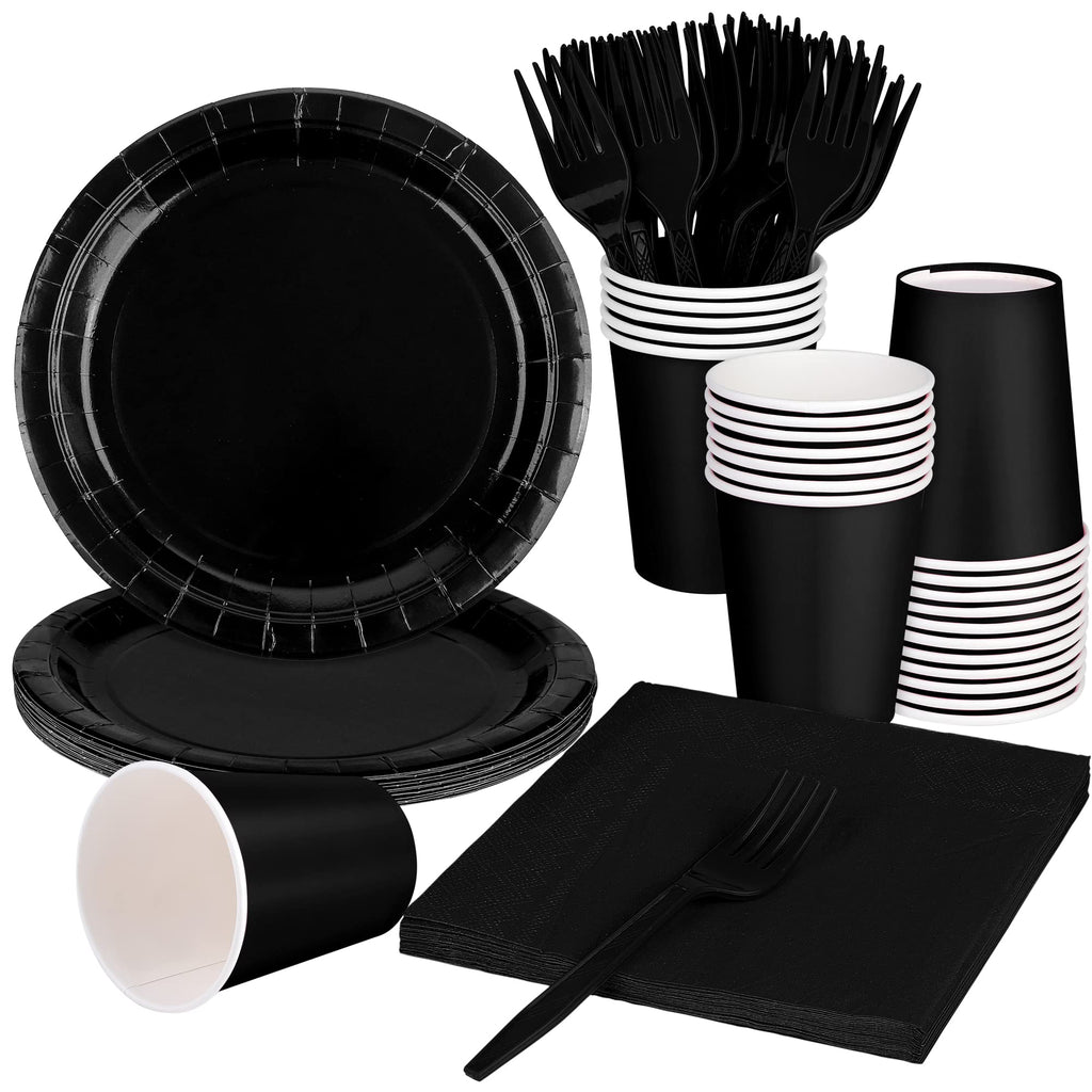 ADXCO Party Supplies - Disposable Black Party Decorations: 9 Inch Paper Plates, Cups, Napkins - Serves 24 for Birthday, Wedding, Holidays