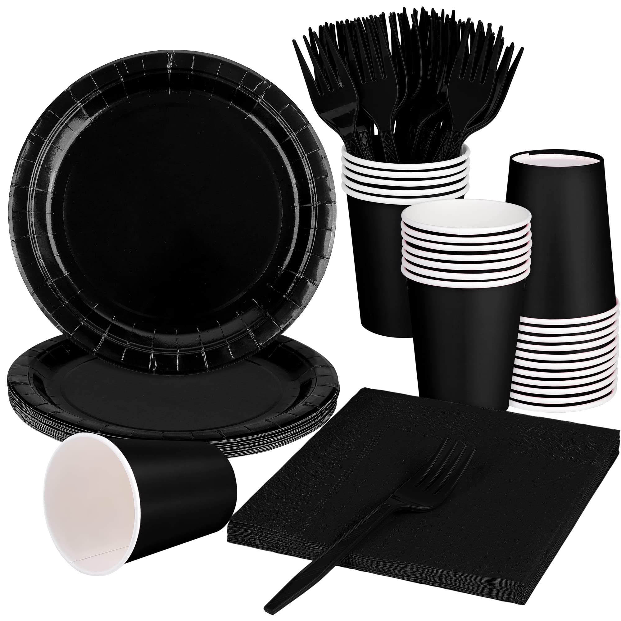 ADXCO Party Supplies - Disposable Black Party Decorations: 9 Inch Paper Plates, Cups, Napkins - Serves 24 for Birthday, Wedding, Holidays