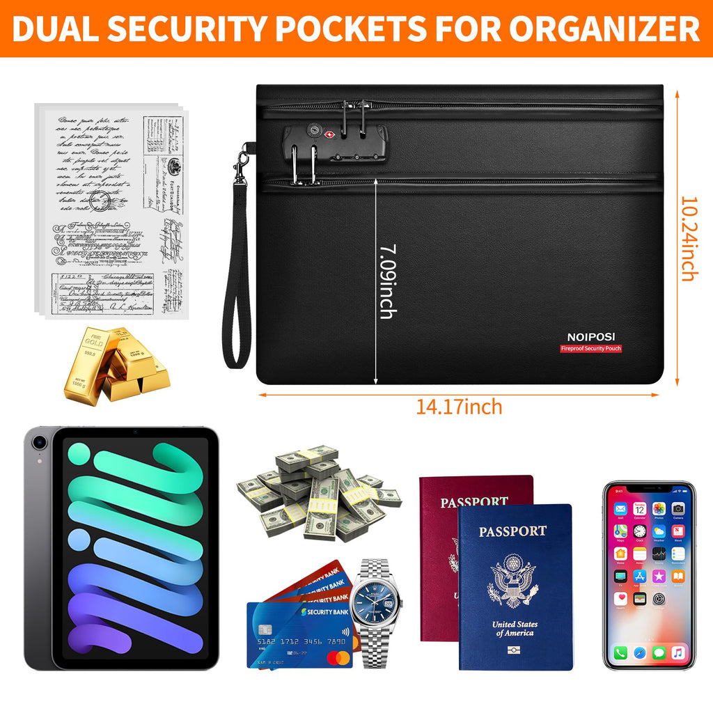 Noiposi 6400℉ Fireproof Document Bag with Lock,Dual-Zip Compartments Fireproof Money Bag for Cash & Documents,12 Layers Heat Insulated Fire Proof Bag,Protects Important Papers,Valuables (Black, L)