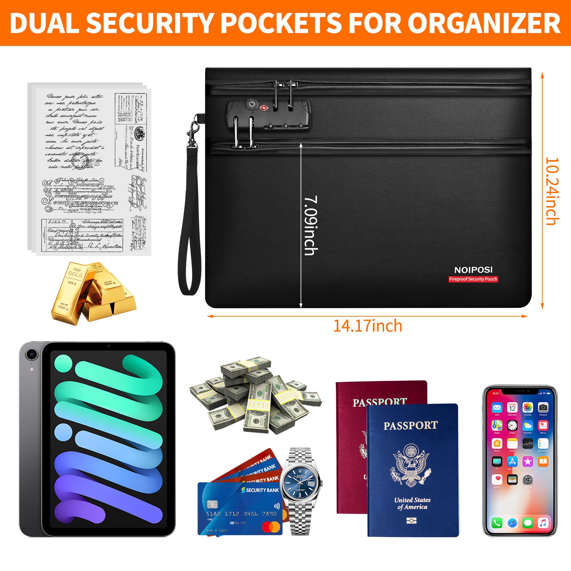 Noiposi 6400℉ Fireproof Document Bag with Lock,Dual-Zip Compartments Fireproof Money Bag for Cash & Documents,12 Layers Heat Insulated Fire Proof Bag,Protects Important Papers,Valuables (Black, L)
