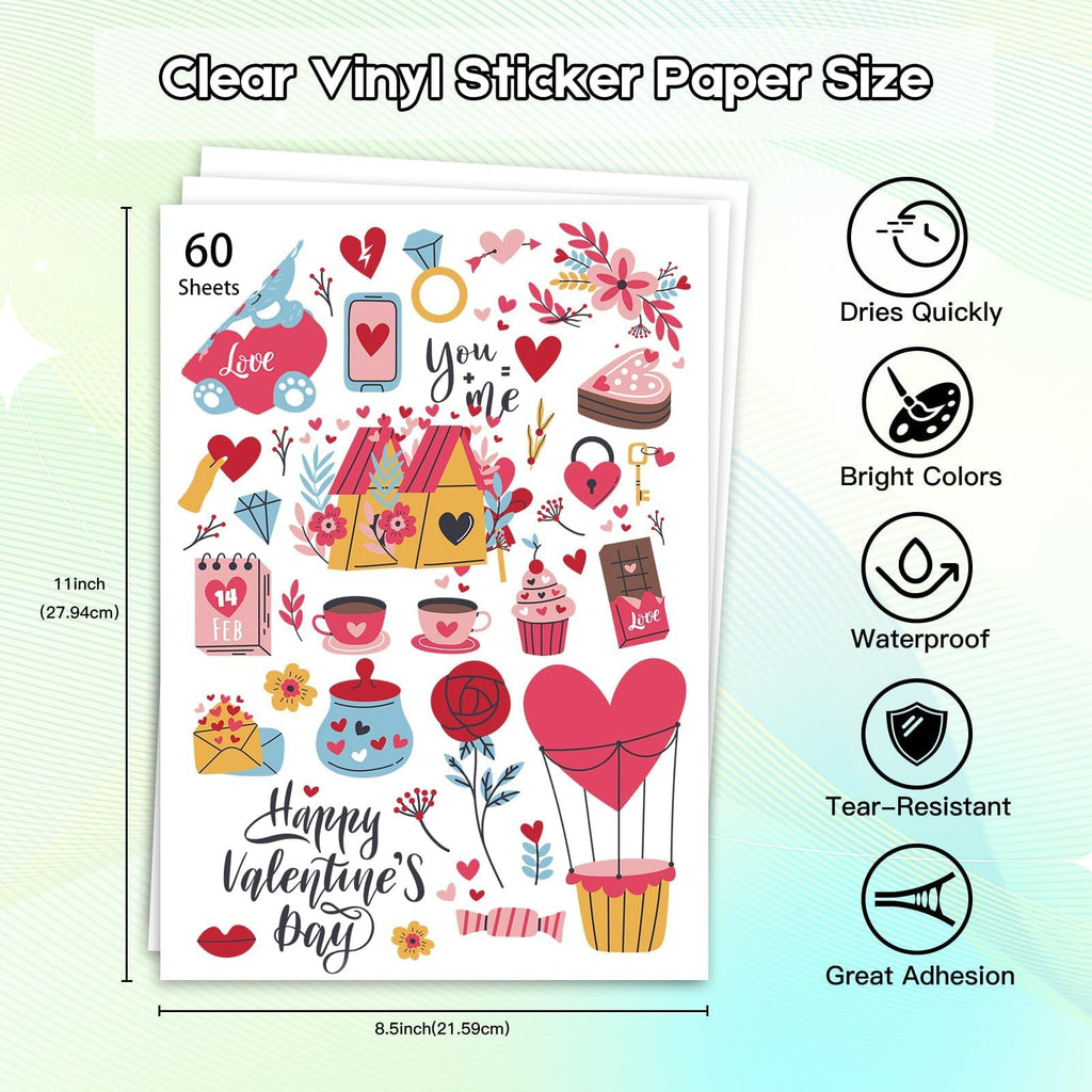 Ruibytree Printable Clear Vinyl Sticker Paper for Inkjet Printers, 60 Sheets Transparent Paper of 8.5x11 DIY Personalized Self-Adhesive Paper that is Tear Resistant, Waterproof Labels, Easy to Cut