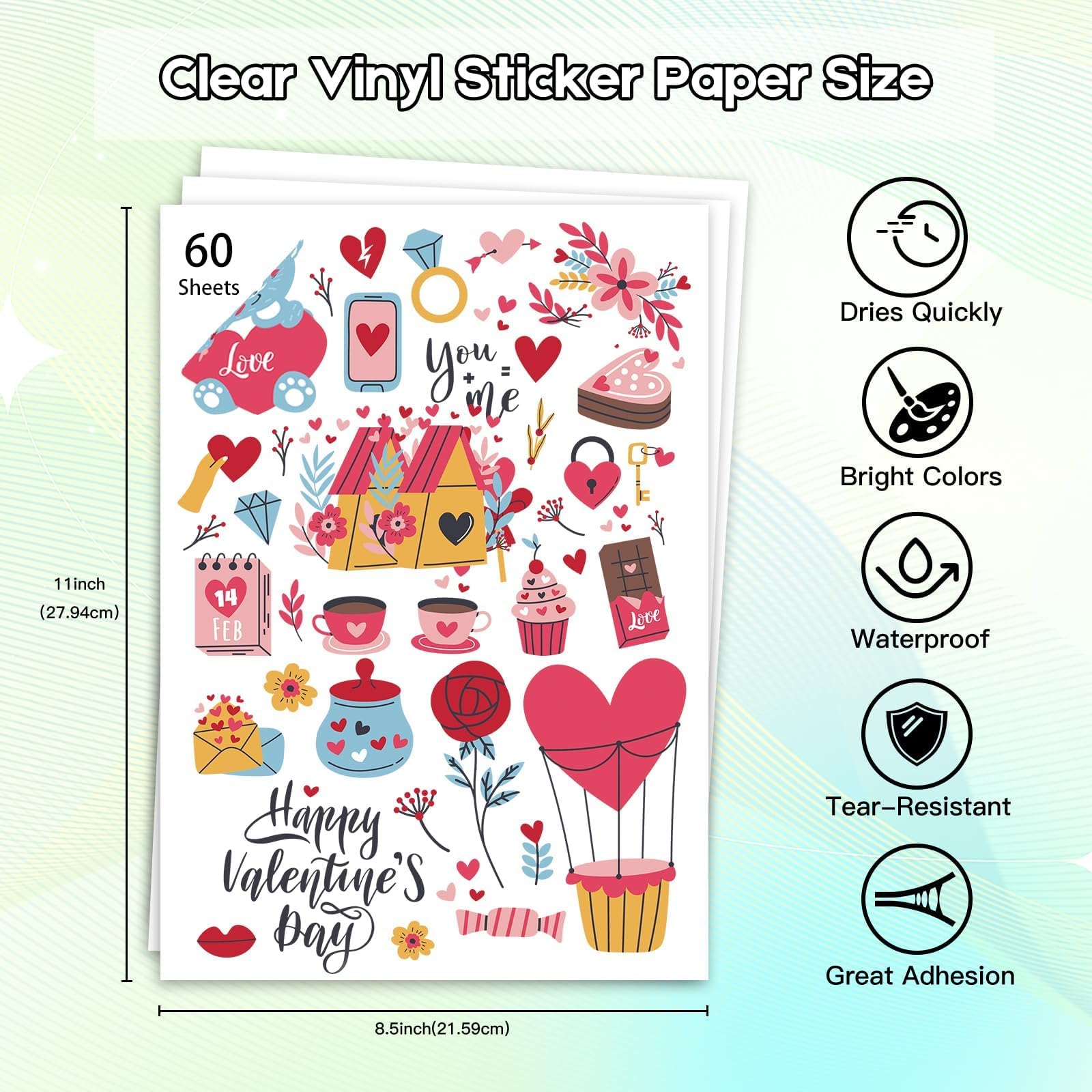 Ruibytree Printable Clear Vinyl Sticker Paper for Inkjet Printers, 60 Sheets Transparent Paper of 8.5x11 DIY Personalized Self-Adhesive Paper that is Tear Resistant, Waterproof Labels, Easy to Cut