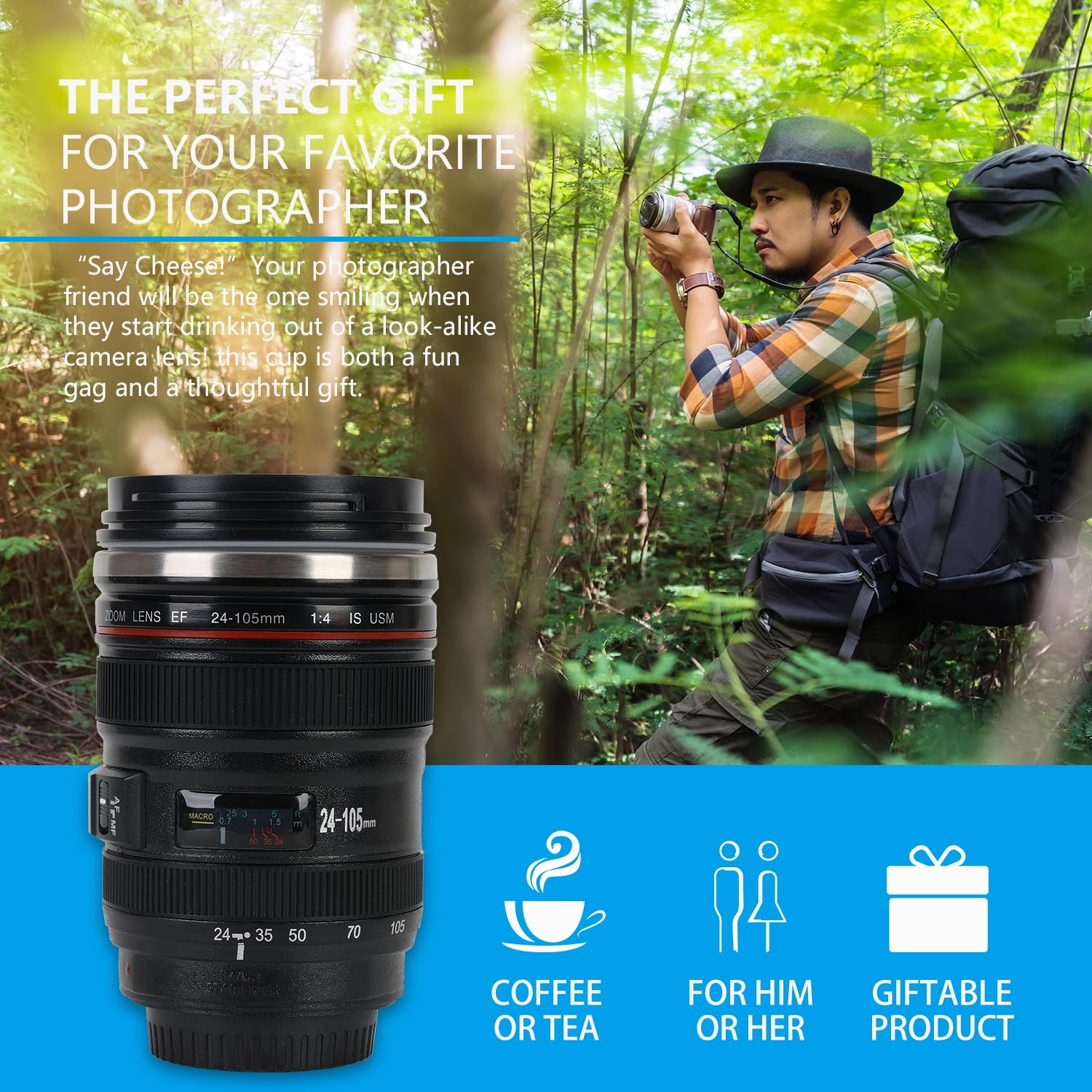 Camera Lens Coffee Mug 350ml Tumbler with Transparent Lid,Black