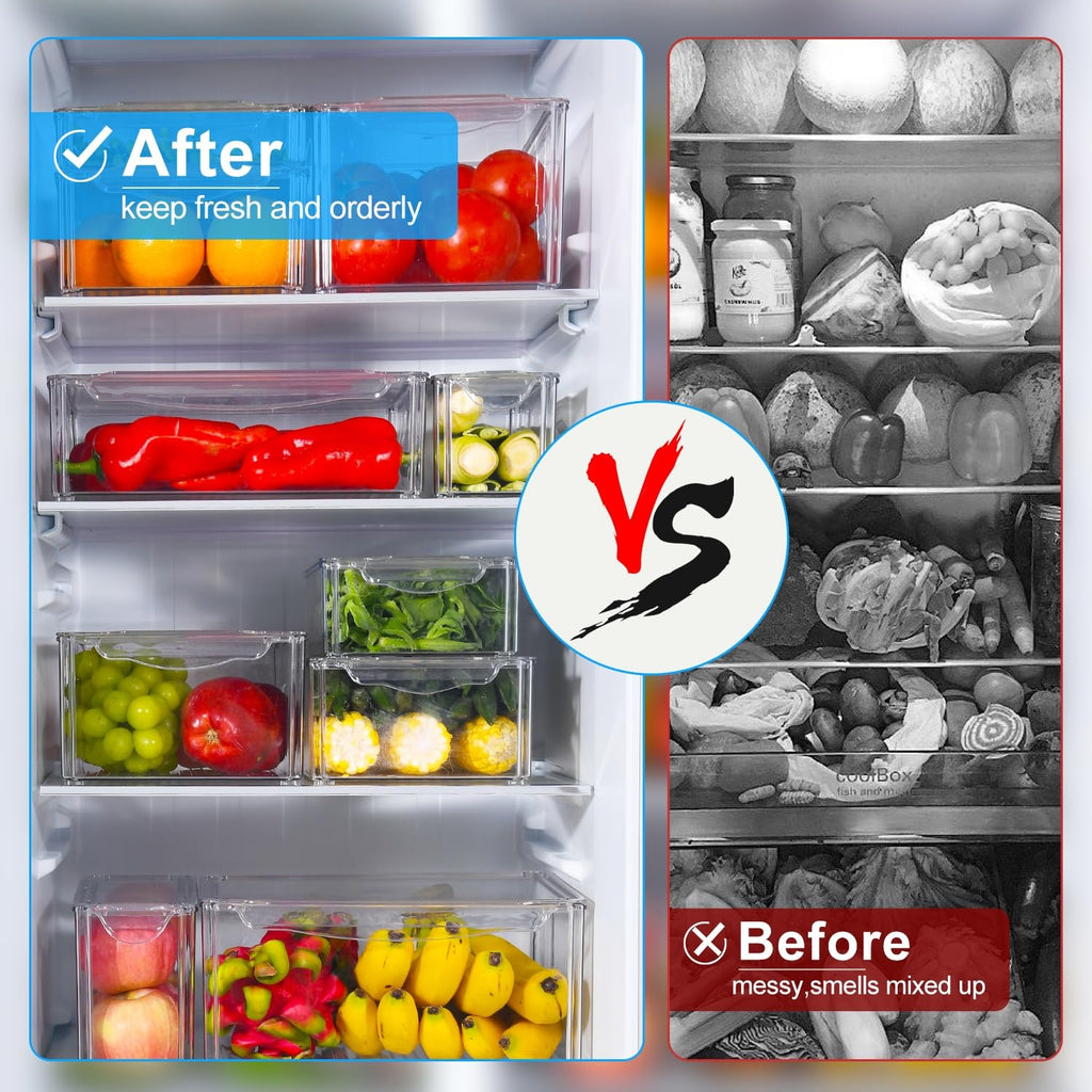 Pure Future 10-Pack Fridge Organizers and Storage with Lids - Clear Plastic Refrigerator Bins with Drain Trays - Stackable Produce Saver for Fruit, Veggies and Pantry, BPA-Free