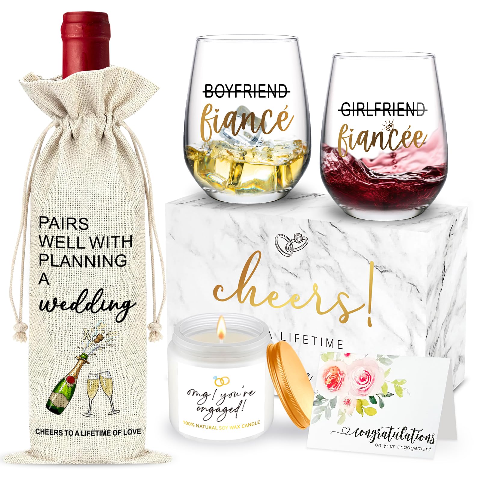 JTAMOHI Engagement Gifts for Couples, 5 Pcs Fiance Fiancee Wine Glass Gifts Set, Engagement Gifts for Newly Engaged Couples, Fiance Fiancee Gifts for Him and Her, Newlywed Wedding Gifts, Bridal Shower
