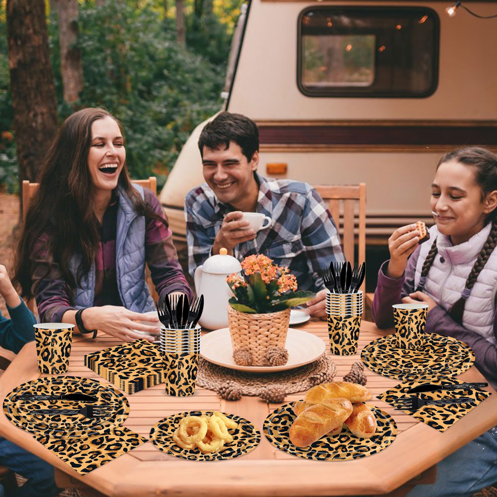 Poqirzan 144PCS Leopard Print Party Supplies Cheetah Print Party Tableware Set Paper Plates Napkins Cups Cutlery for Birthday Shower Baby Shower Jungle Safari Theme Party Decorations Serve 24
