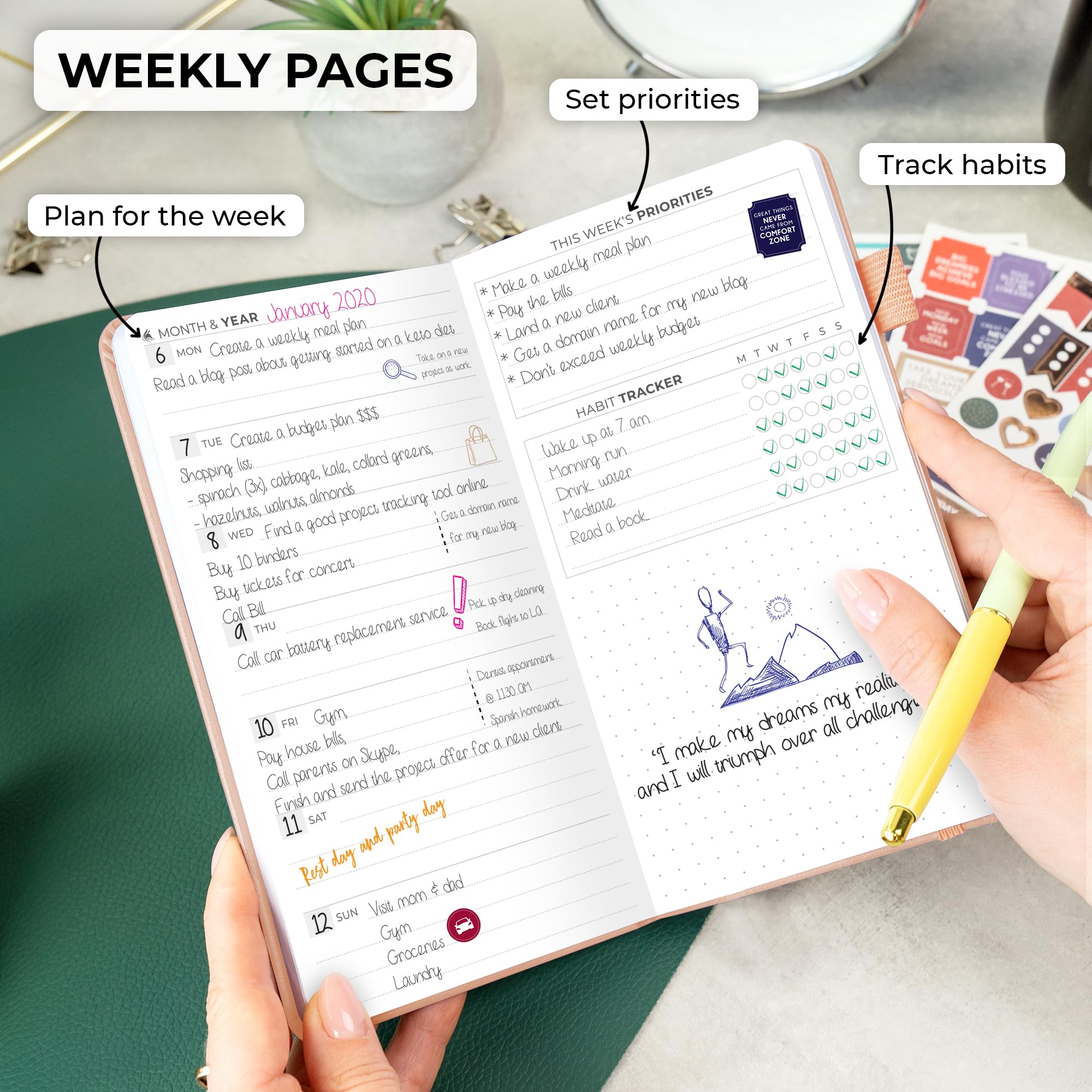 Clever Fox Pocket Planner Weekly – Undated Monthly Goal Planner and Calendar for Increasing Productivity, Mini Planner Perfect for Purse, Size: 3.7" x 6.7", Start Anytime, Lasts 1 Year – Rose Gold