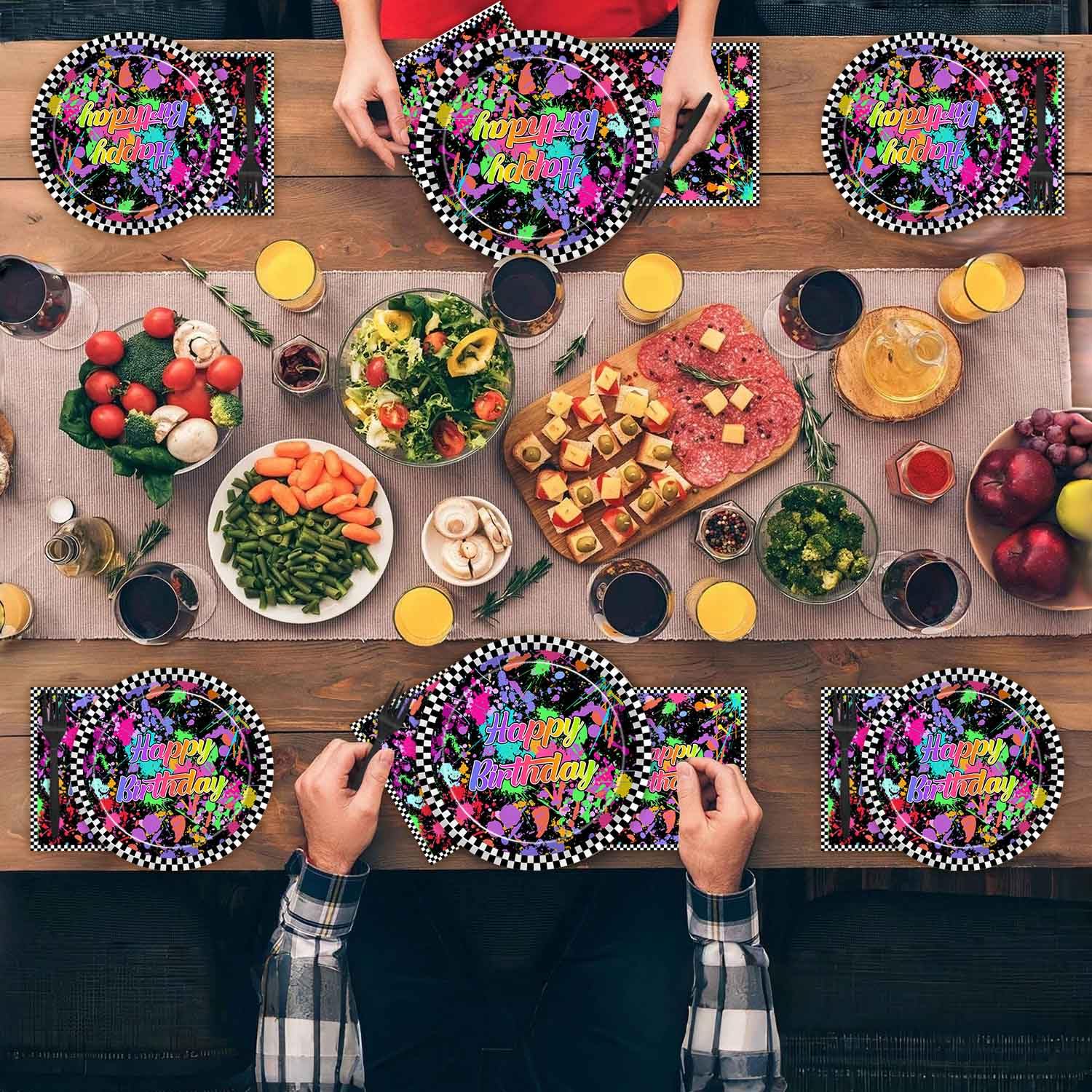 Joliaco 96 Pcs Neon Glow Birthday Party Tableware Set Colorful Graffiti Splatter Paint Disposable Paper Plates and Napkins Glow in the Dark Theme Party Supplies for 24 Guests