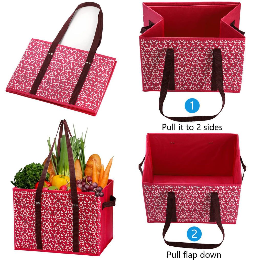 WUWEOT 4 Pack Reusable Grocery Bags, Large Shopping Box Tote, Foldable Washable Storage Bins with Reinforced Bottom Heavy Duty Handles for Fruit Vegetable Clothes Toys and Picnic