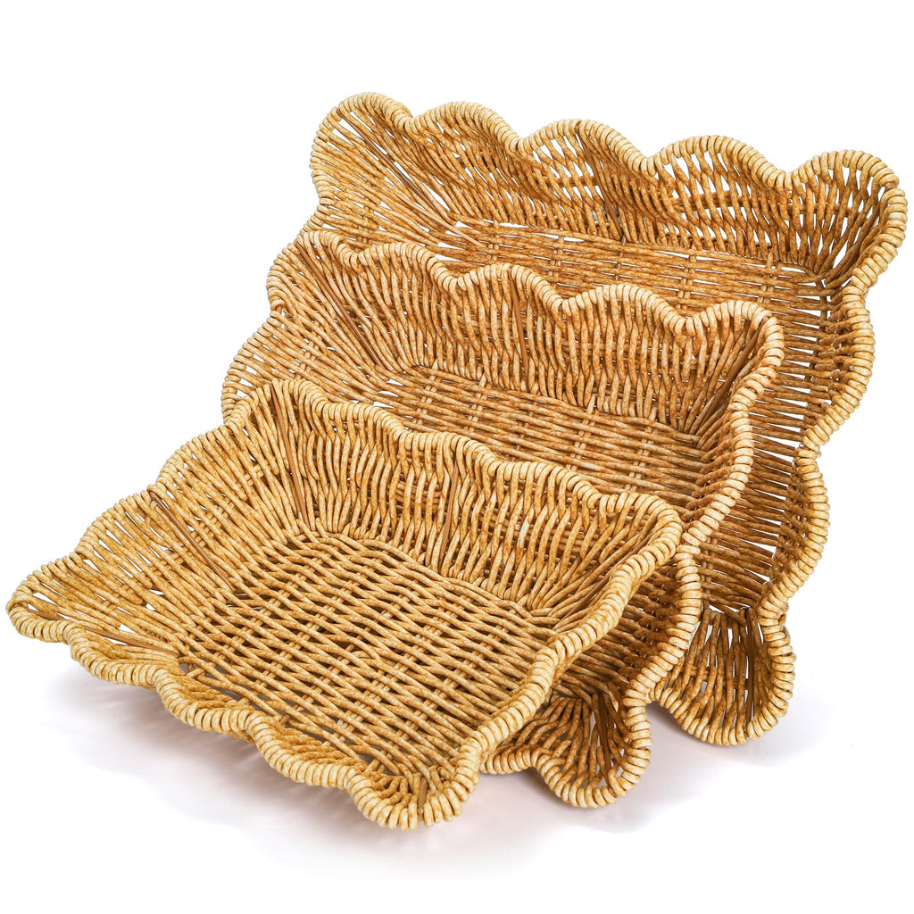 Jucoan 3 Pack Poly Wicker Bread Baskets, Imitation Rattan Fruit Baskets, Rectangular Tabletop Woven Serving Baskets Trays for Fruits Vegetables and Snacks