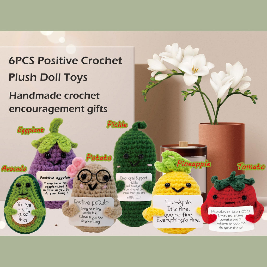 QNNEFF 6PCS Positive Potato Cute Emotional Support Pickle Funny Mini Positive Crochet Dolls Avocado Pineapple Eggplant Tomato Holding Positive Cards Wool Knitted Toy Encouragement Gifts