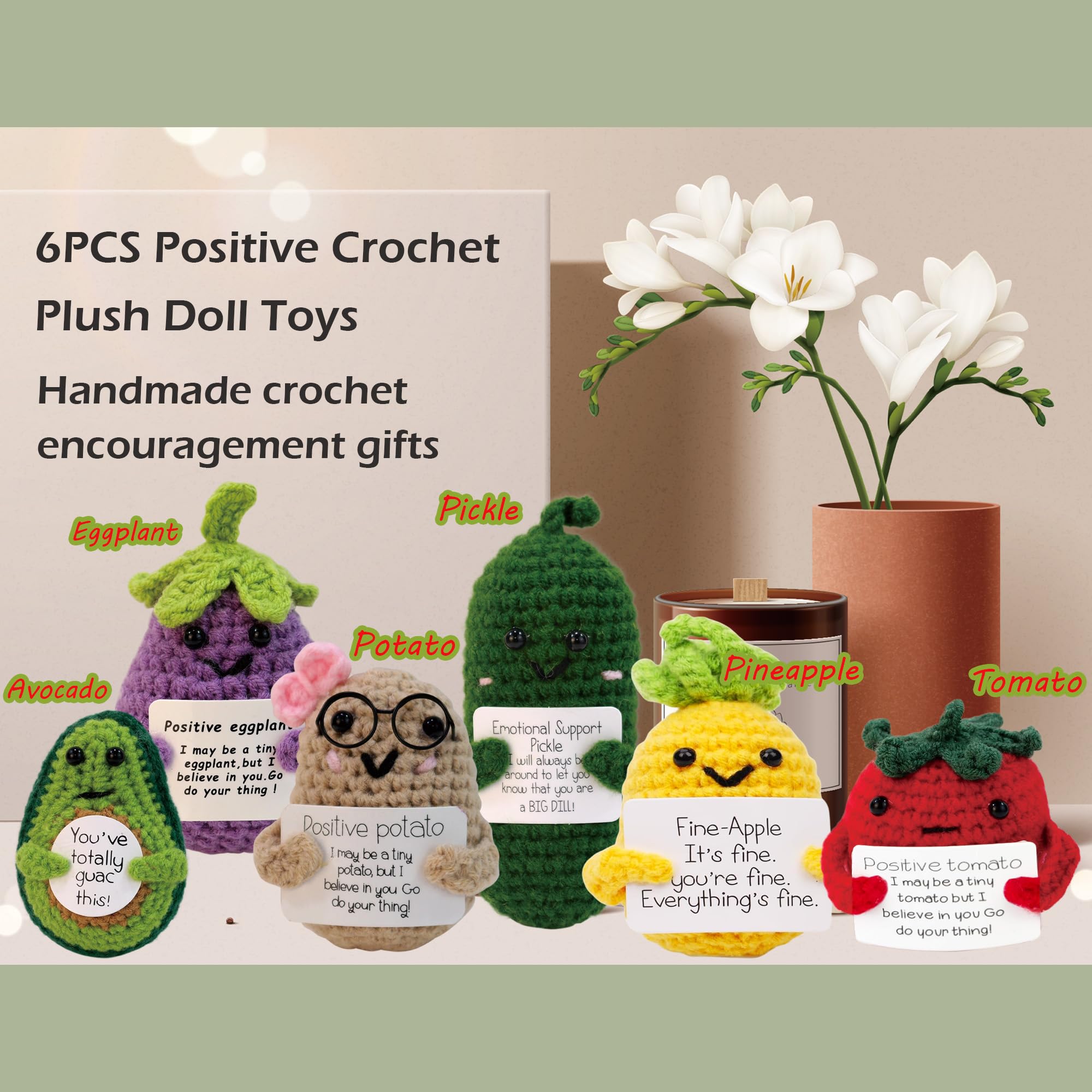 QNNEFF 6PCS Positive Potato Cute Emotional Support Pickle Funny Mini Positive Crochet Dolls Avocado Pineapple Eggplant Tomato Holding Positive Cards Wool Knitted Toy Encouragement Gifts
