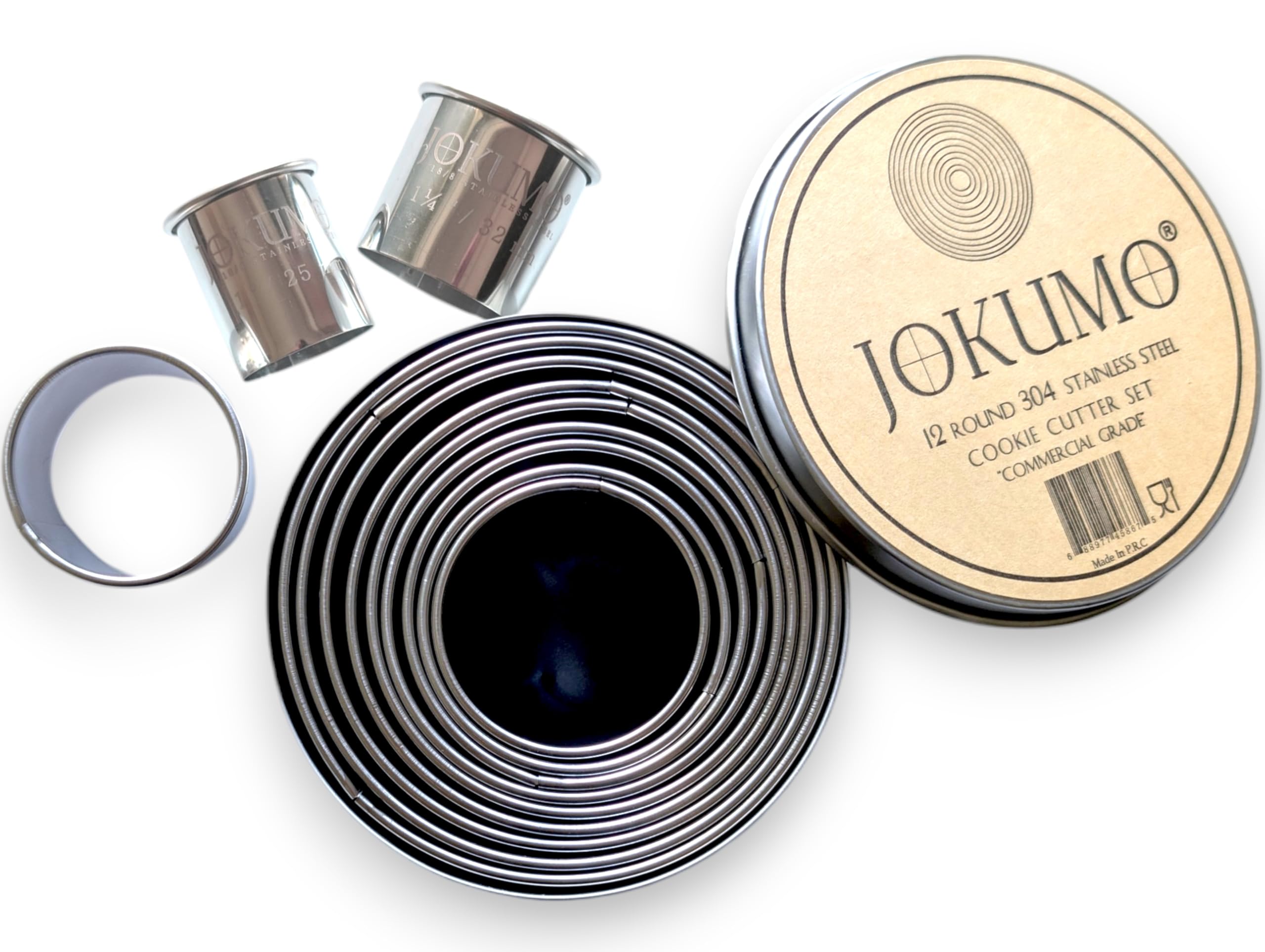 JOKUMO 12 Piece Plain Round Pastry/Cookie Cutter Set Heavy Duty Commercial Grade 18/8 304 Stainless Steel - Metal Marked Size - Perfect for Cooking Enthusiast (12 Pcs Commercial Grade Round)