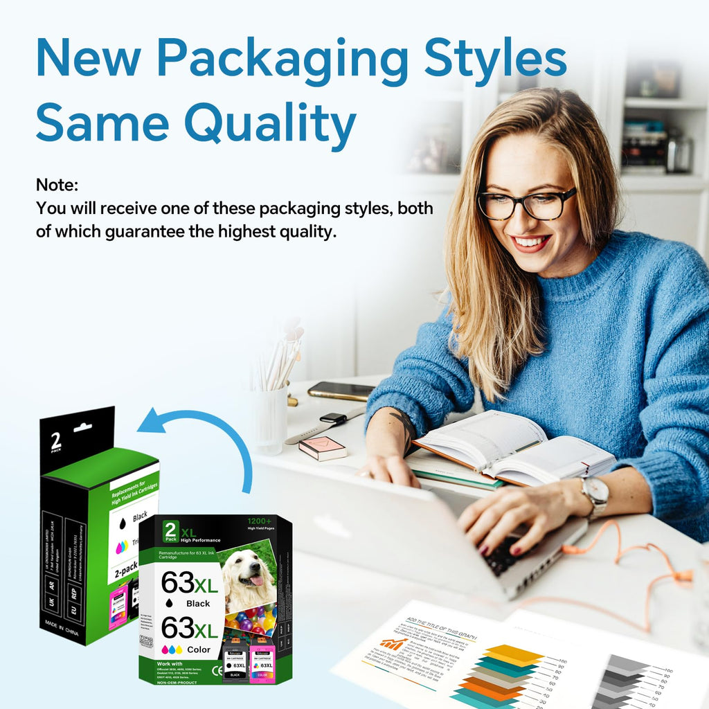 63XL Ink Cartridges Combo Pack Compatible for HP 63 Ink Cartridges, for HP Ink 63 63XL Black Color Work with OfficeJet 3830 3833 4650 5200 Envy 4510 4520 4512 Deskjet 2130 3630 Printer