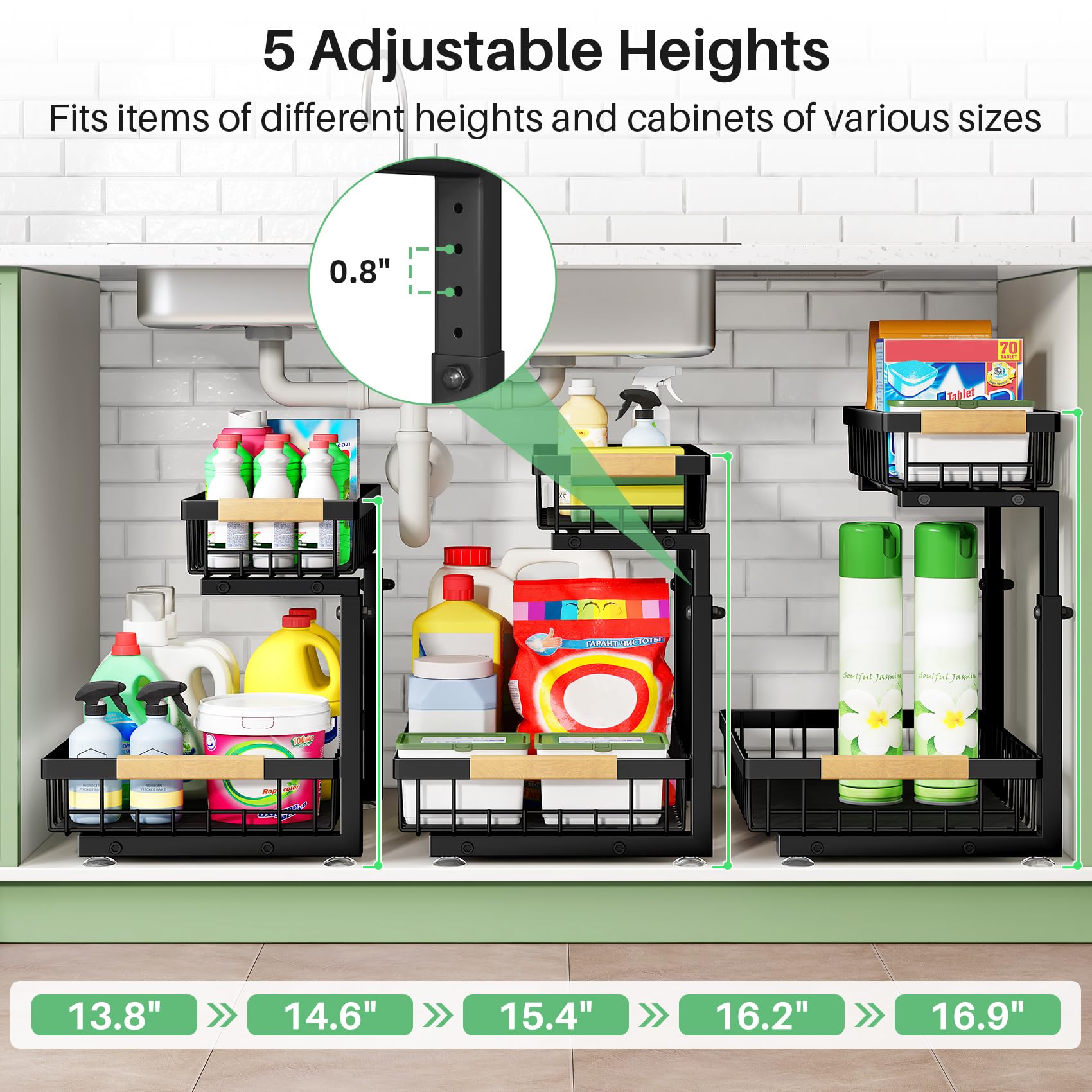 Kitstorack 2 Tier Under Sink Organizer, Slide Out Metal Kitchen Cabinet Organizers Drawer Shelf, Sliding Storage Shelves for Kitchen Bathroom Pantry Cabinet Closet Organization Rack