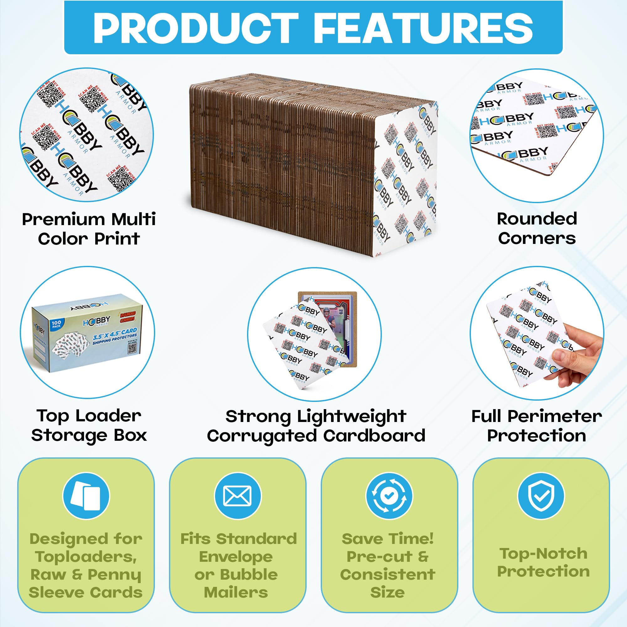 100 Pack Trading Card Shipping Protector by Hobby Armor, 3.5" x 4.5" with Rounded Corners, Vibrant Multi-Color Card Protector to Guard Cards From Dings, Premium Lightweight Cardboard Shipping Supplies