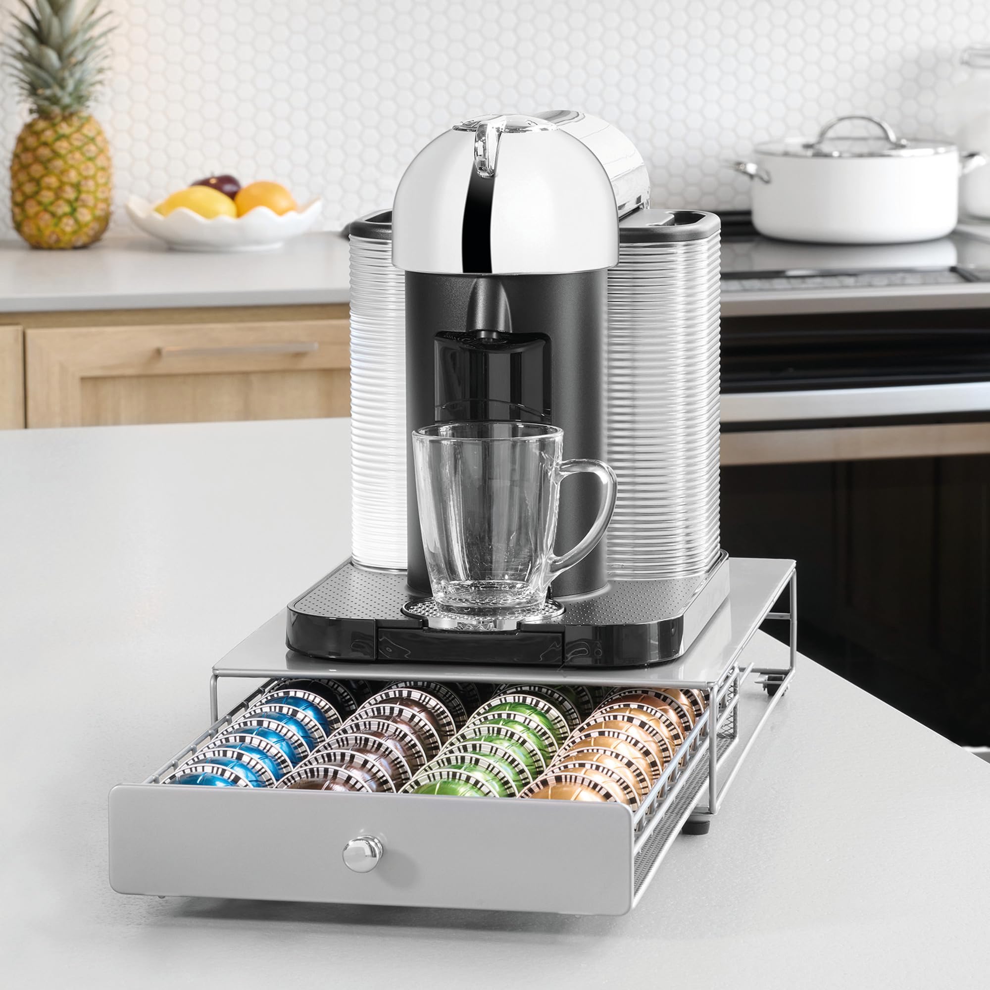 Starfrit Coffee Pod Capsule Drawer - Holds up to 40 Nespresso Vertuoline Pods - Under Brewer Storage Rolling Drawer - Silver