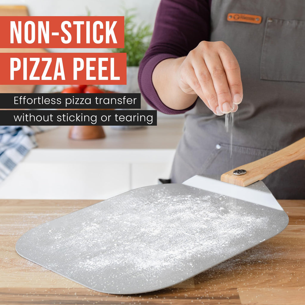 Chef Pomodoro Aluminum Metal Pizza Peel with Foldable Wood Handle for Easy Storage 12-Inch x 14-Inch, Gourmet Luxury Pizza Paddle for Baking Homemade Pizza Bread