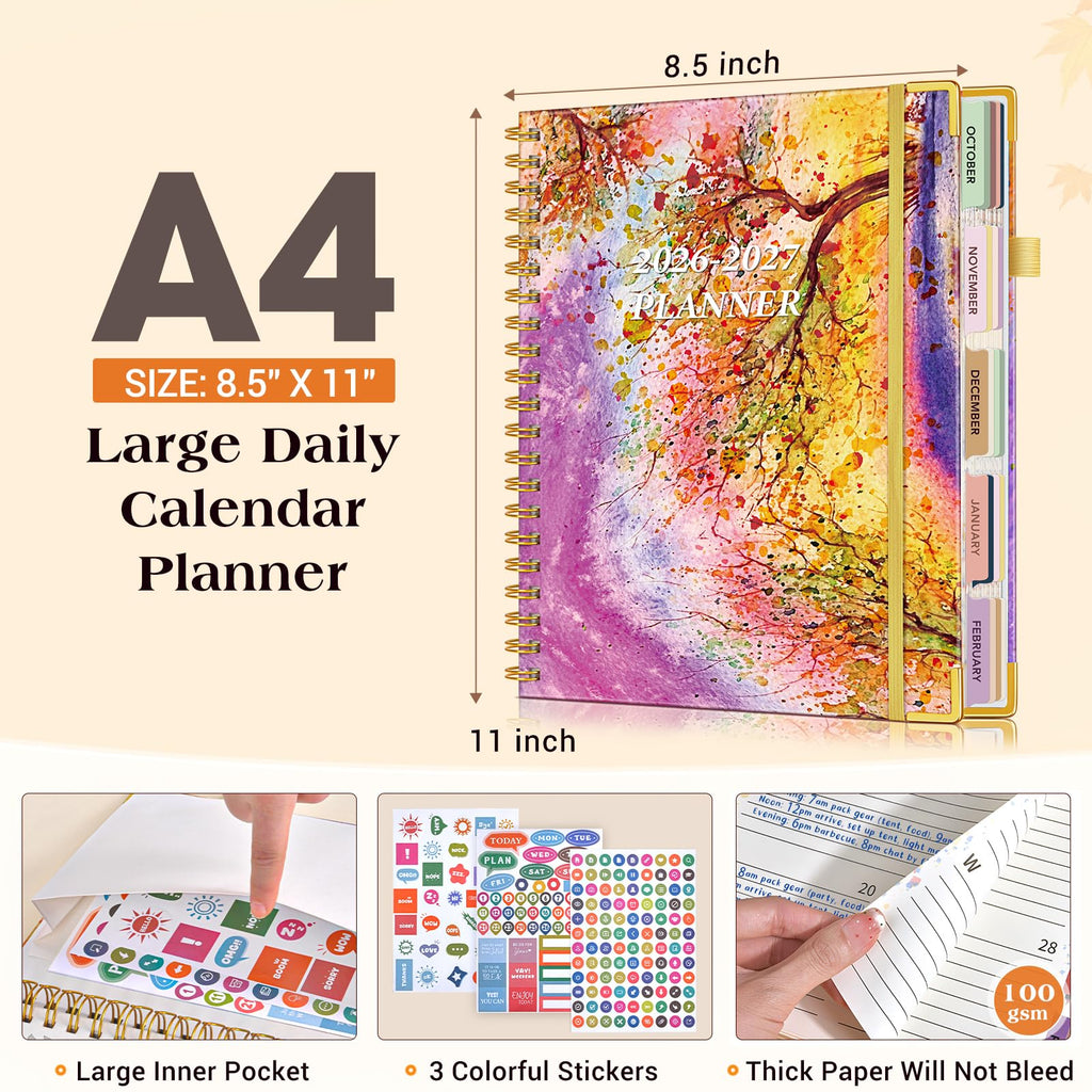 Planner 2026-2027, 18 Months Weekly and Monthly Daily Planner from January 2026 - June 2027, 8.5" x 11" A4 Large Hardcover Agenda Organizer Book 2026 with Tabs, Spiral Yearly Calendar Planners for School Work Home, Autumn Tree