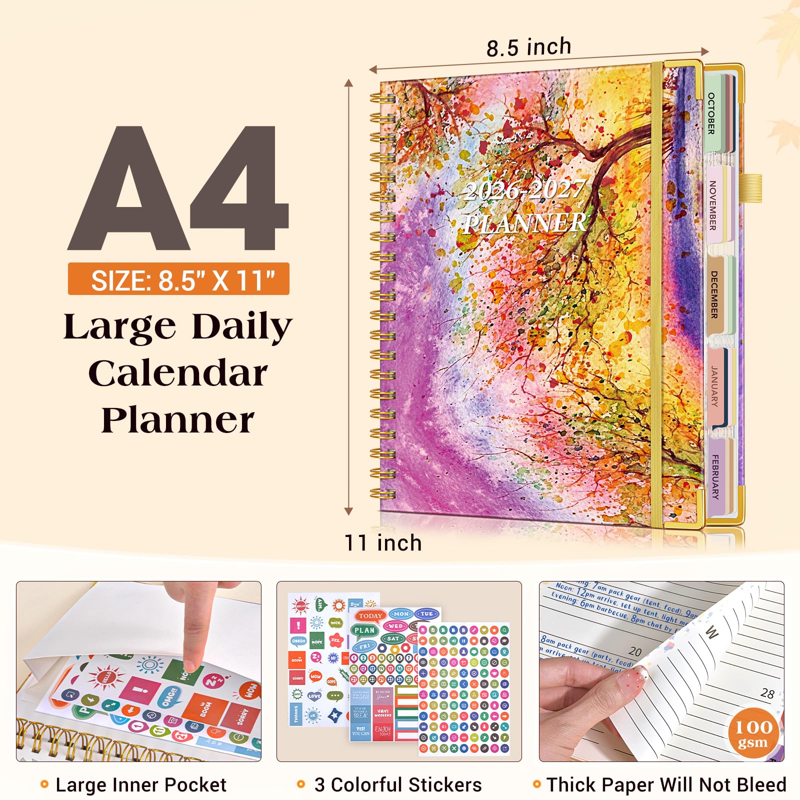 Planner 2026-2027, 18 Months Weekly and Monthly Daily Planner from January 2026 - June 2027, 8.5" x 11" A4 Large Hardcover Agenda Organizer Book 2026 with Tabs, Spiral Yearly Calendar Planners for School Work Home, Autumn Tree