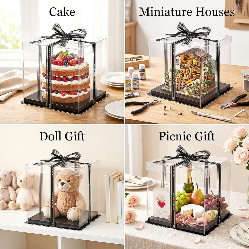 Cididu 6 Pack Clear Cake Box with Ribbon, 2-Layer Tall Cake Carrier Boxes, Packaging Boxes 10x10x9 Inch, PET Clear Gift Box with Lid, Transparent Cake Containers for Birthday Party Wedding